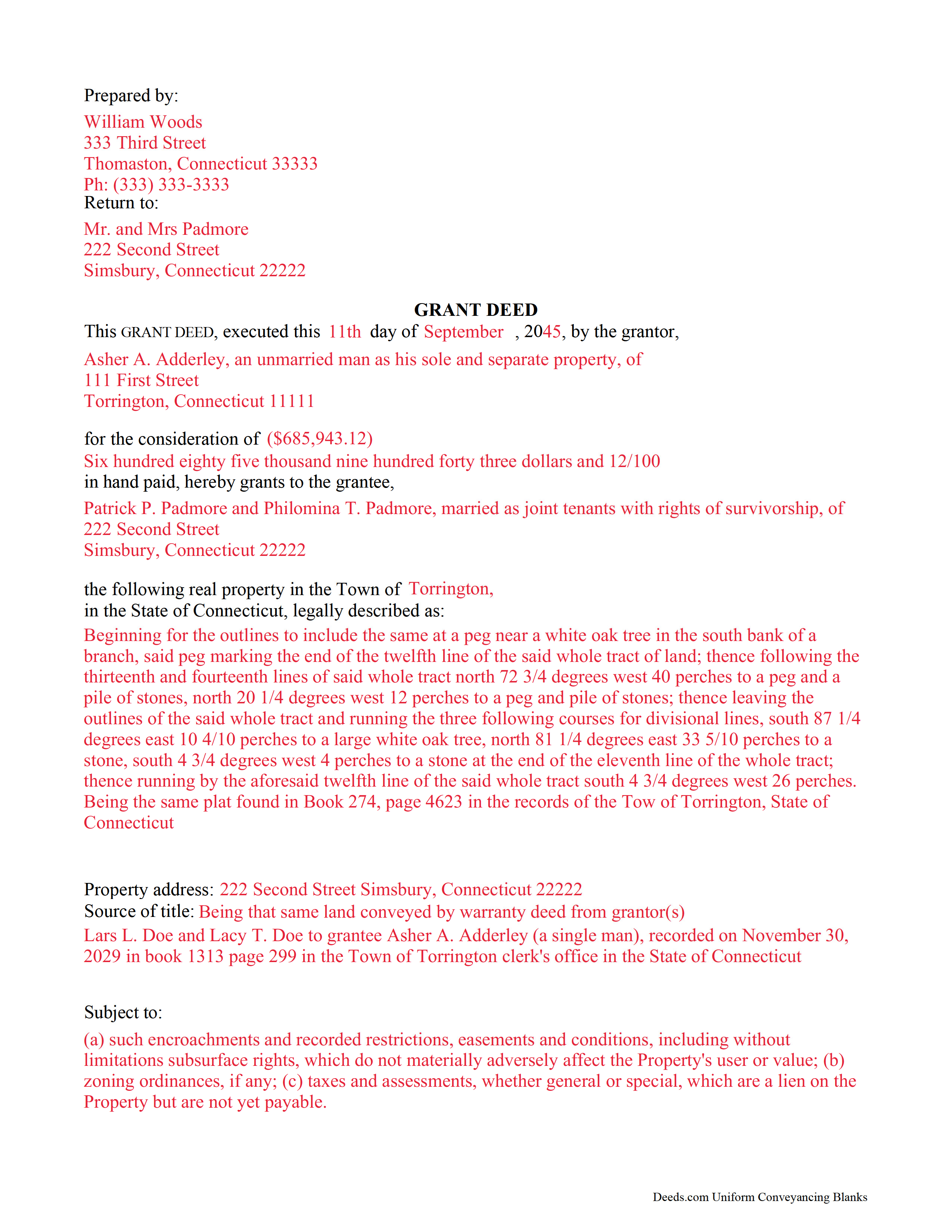 Fairfield County Completed Example of the Grant Deed Document
