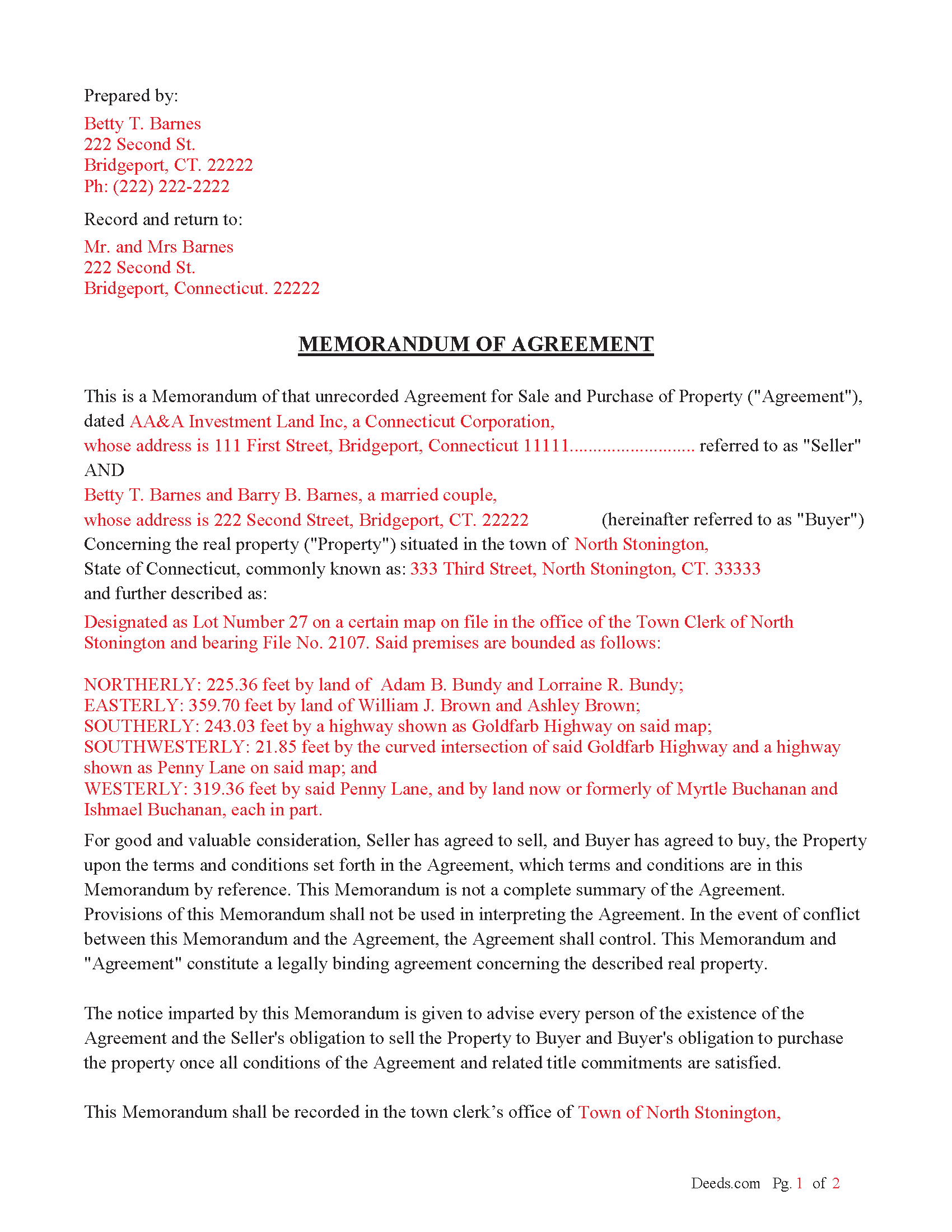 Fairfield County Completed Example of the Memorandum of Agreement Document