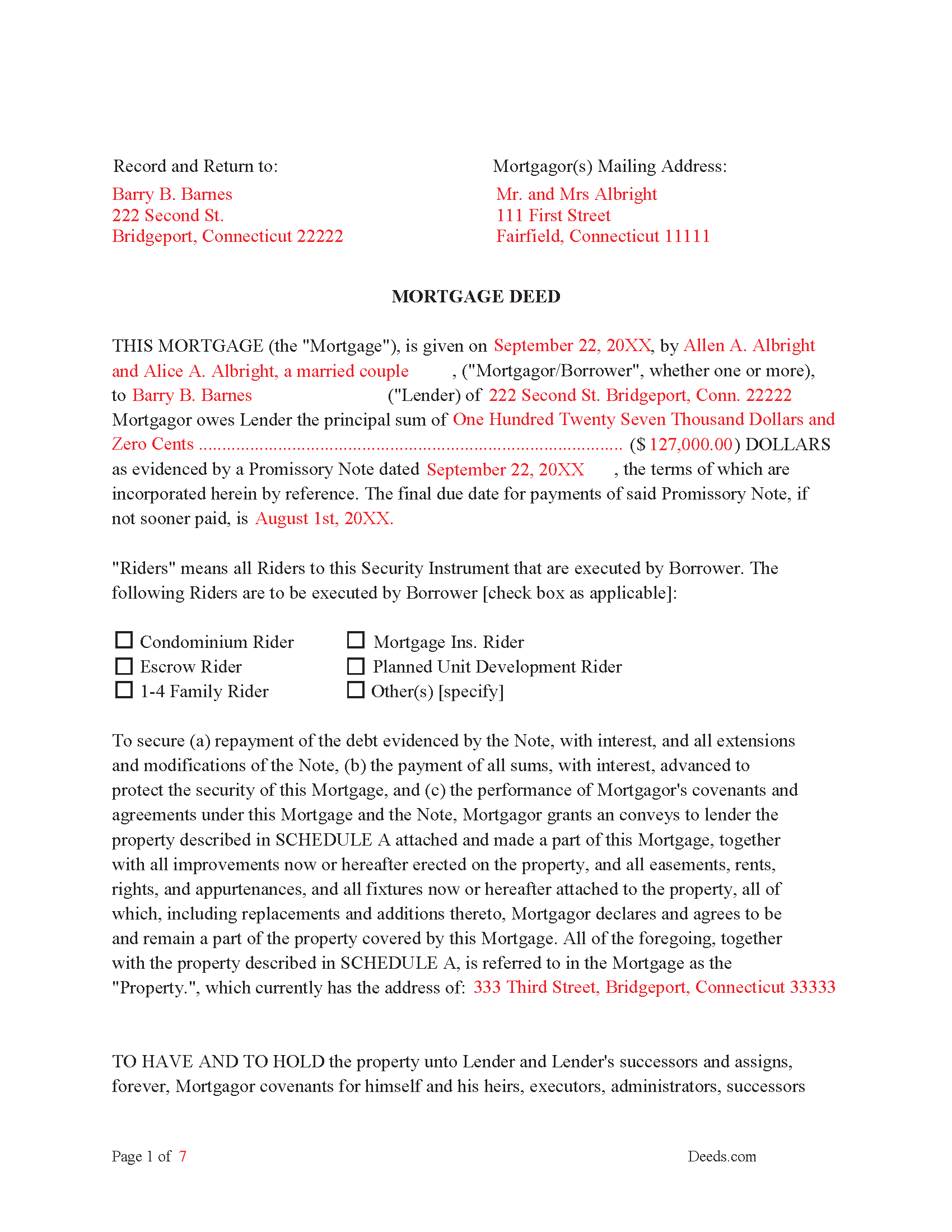 Fairfield County Completed Example of the Mortgage Deed