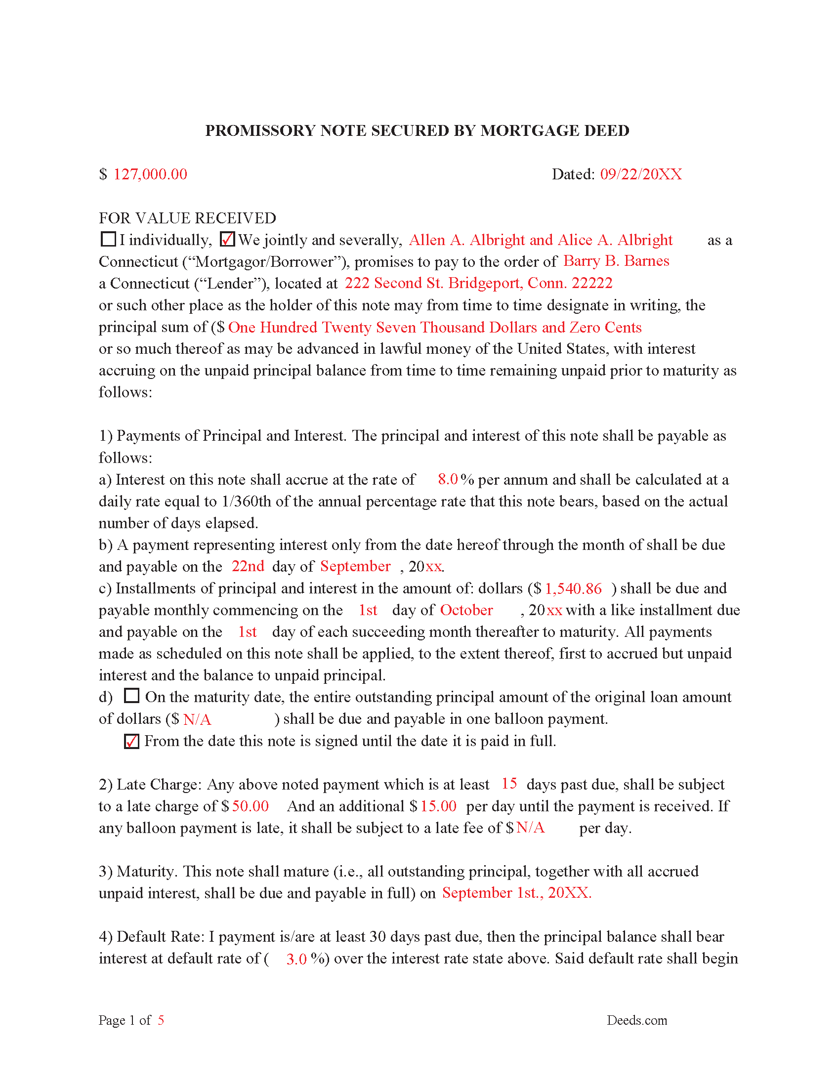 Fairfield County Completed Example of the Promissory Note