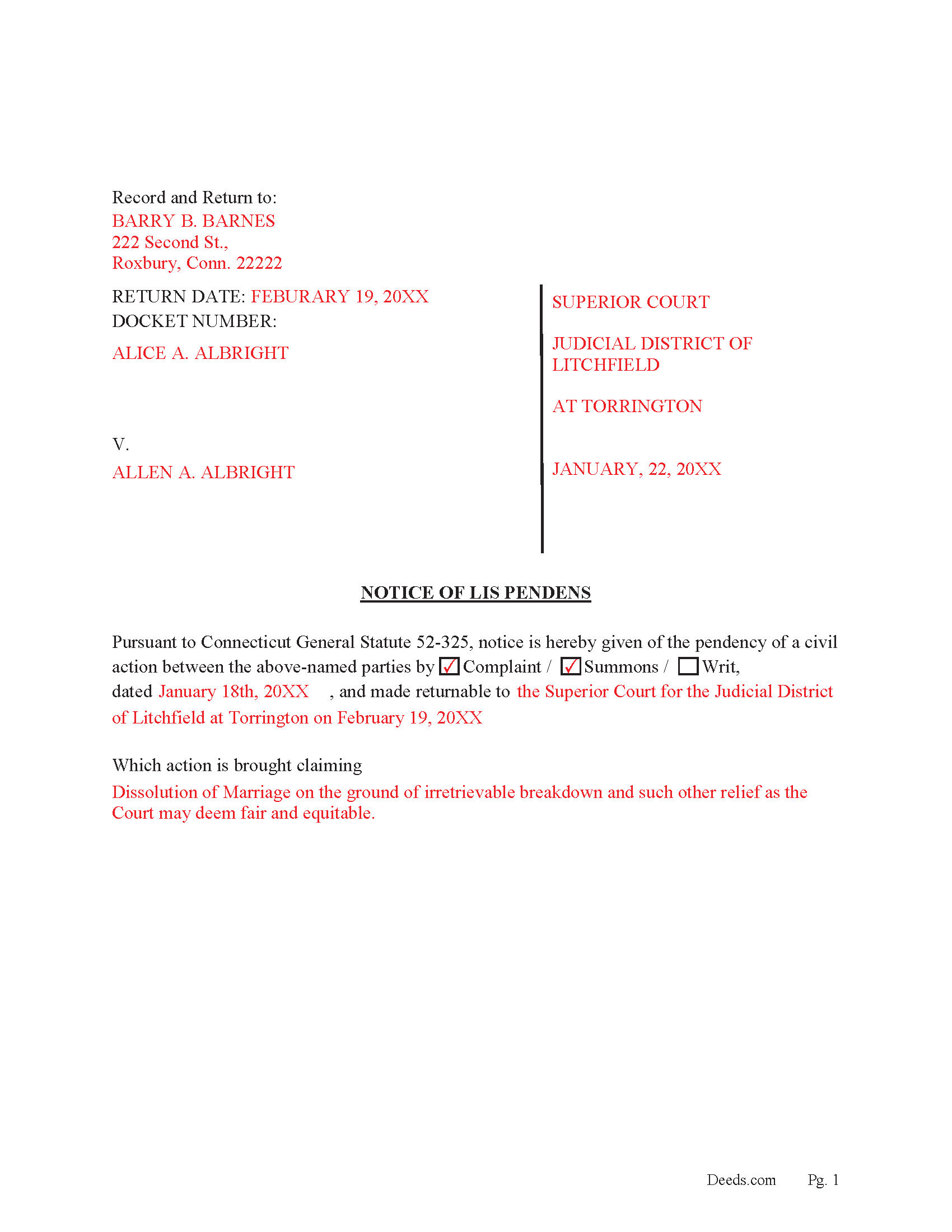 Fairfield County Completed Example of Lis Pendens (Disolution of Marriage)