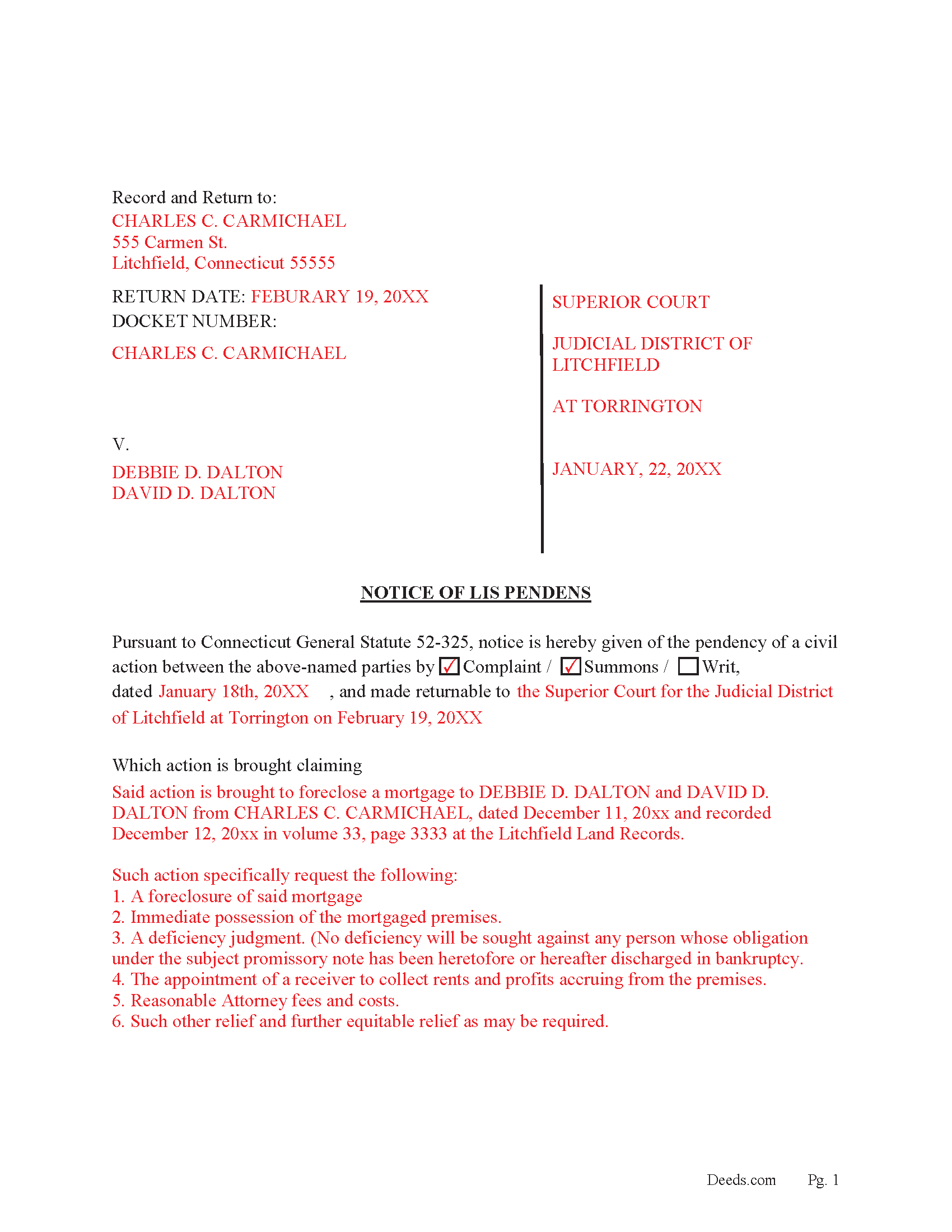 Fairfield County Completed Example of Lis Pendens (Foreclosure)