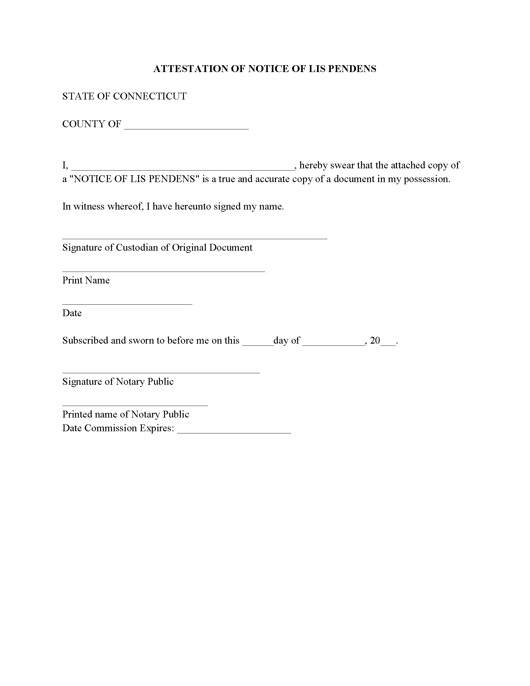Fairfield County Attestation of Lis Pendens Form