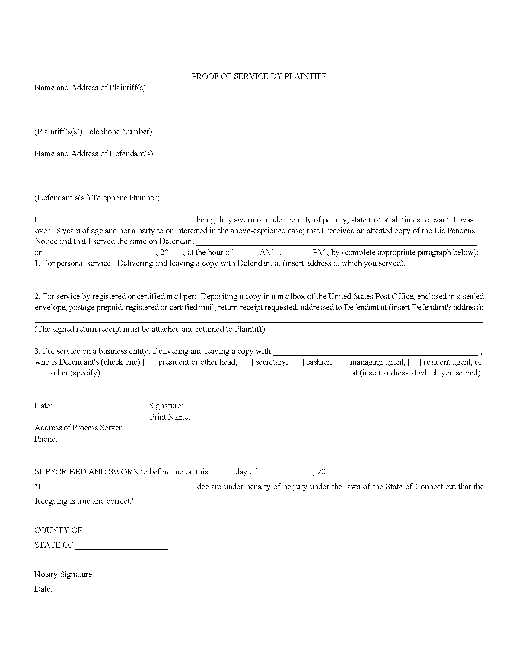 Fairfield County Proof of Service by Disinterested Party (Plaintiff)
