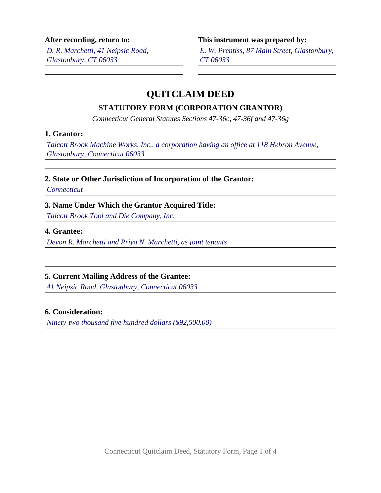 Middlesex County Completed Example of the Quitclaim Deed (Corporation Grantor) Document