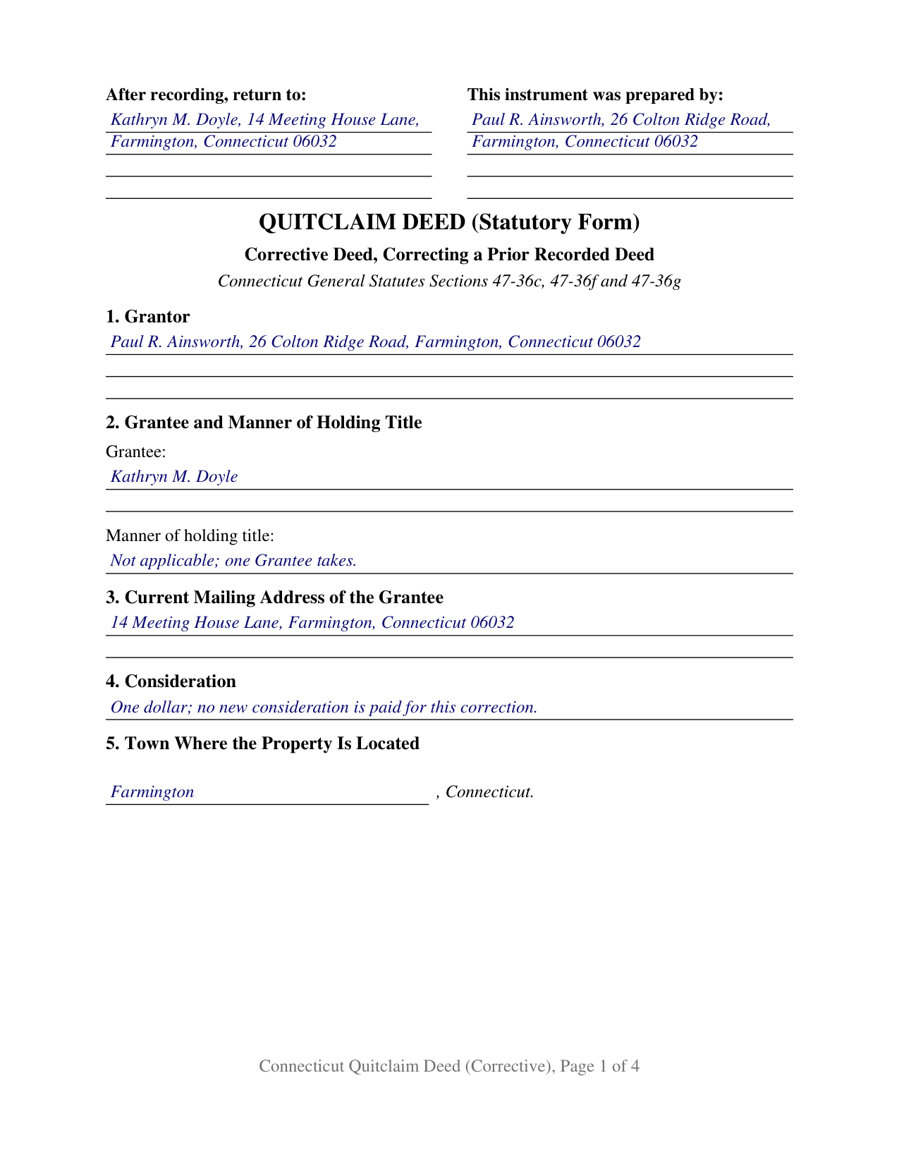 Litchfield County Completed Example of the Quitclaim Deed (Corrective) Document