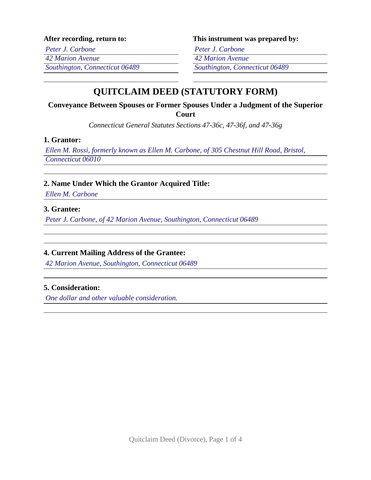 Middlesex County Completed Example of the Quitclaim Deed (Divorce) Document