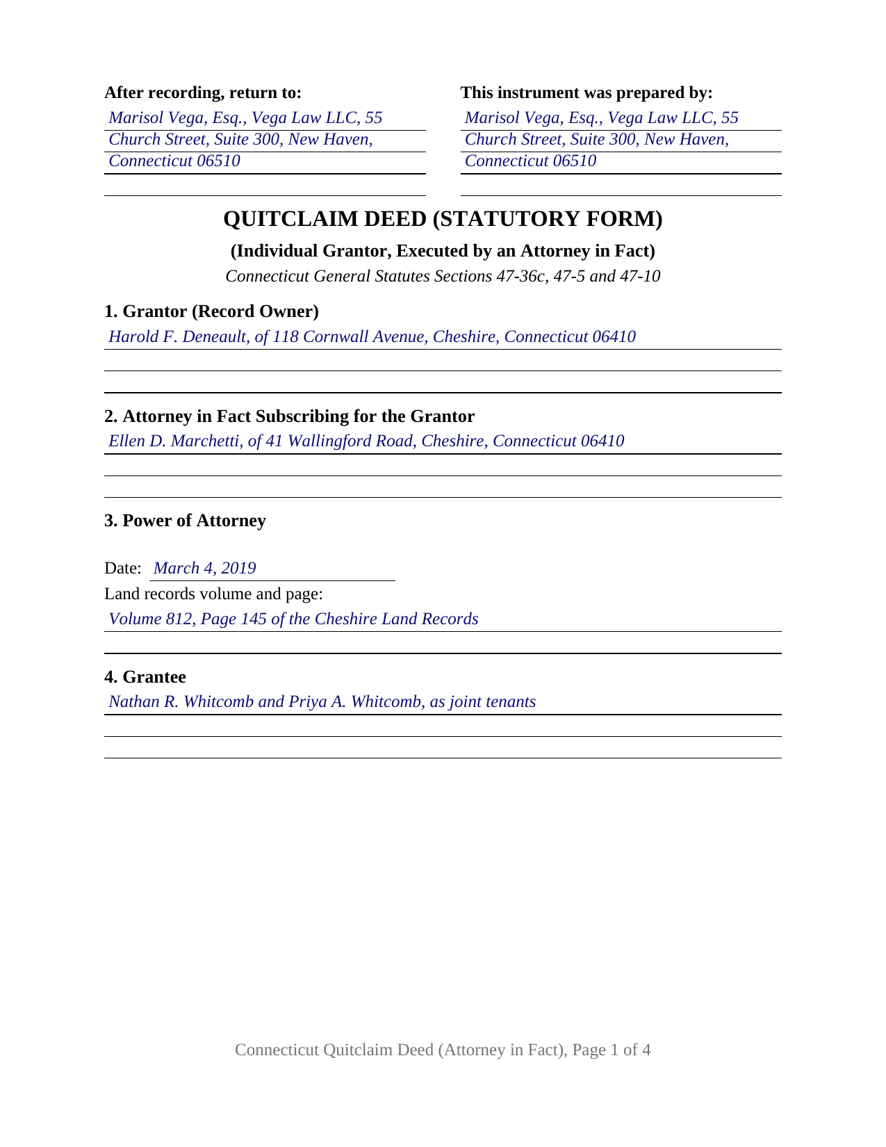 Middlesex County Completed Example of the Quitclaim Deed (Individual Grantor by Attorney-in-Fact) Document