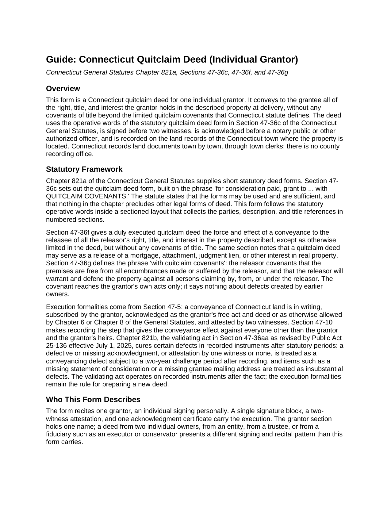 Tolland County Quitclaim Deed (Individual Grantor) Guide