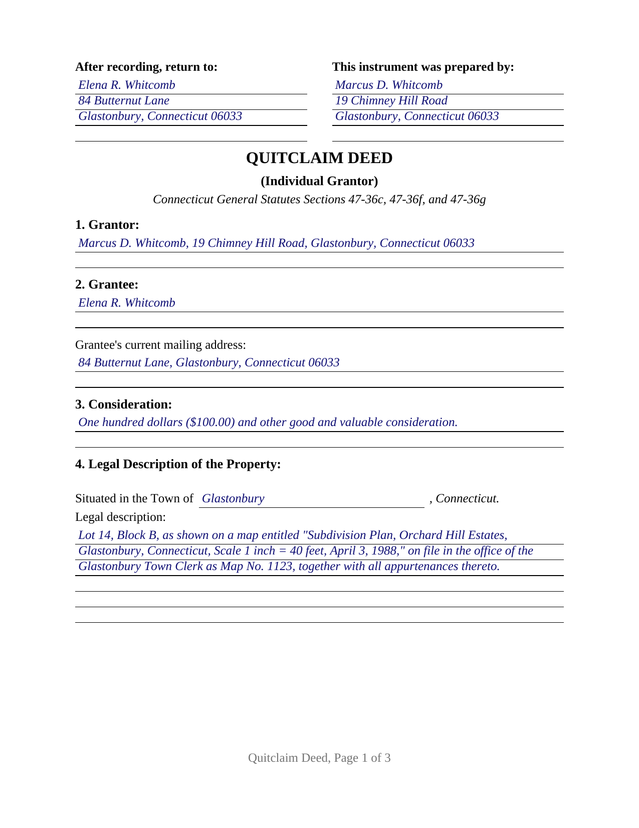 Tolland County Completed Example of the Quitclaim Deed (Individual Grantor) Document