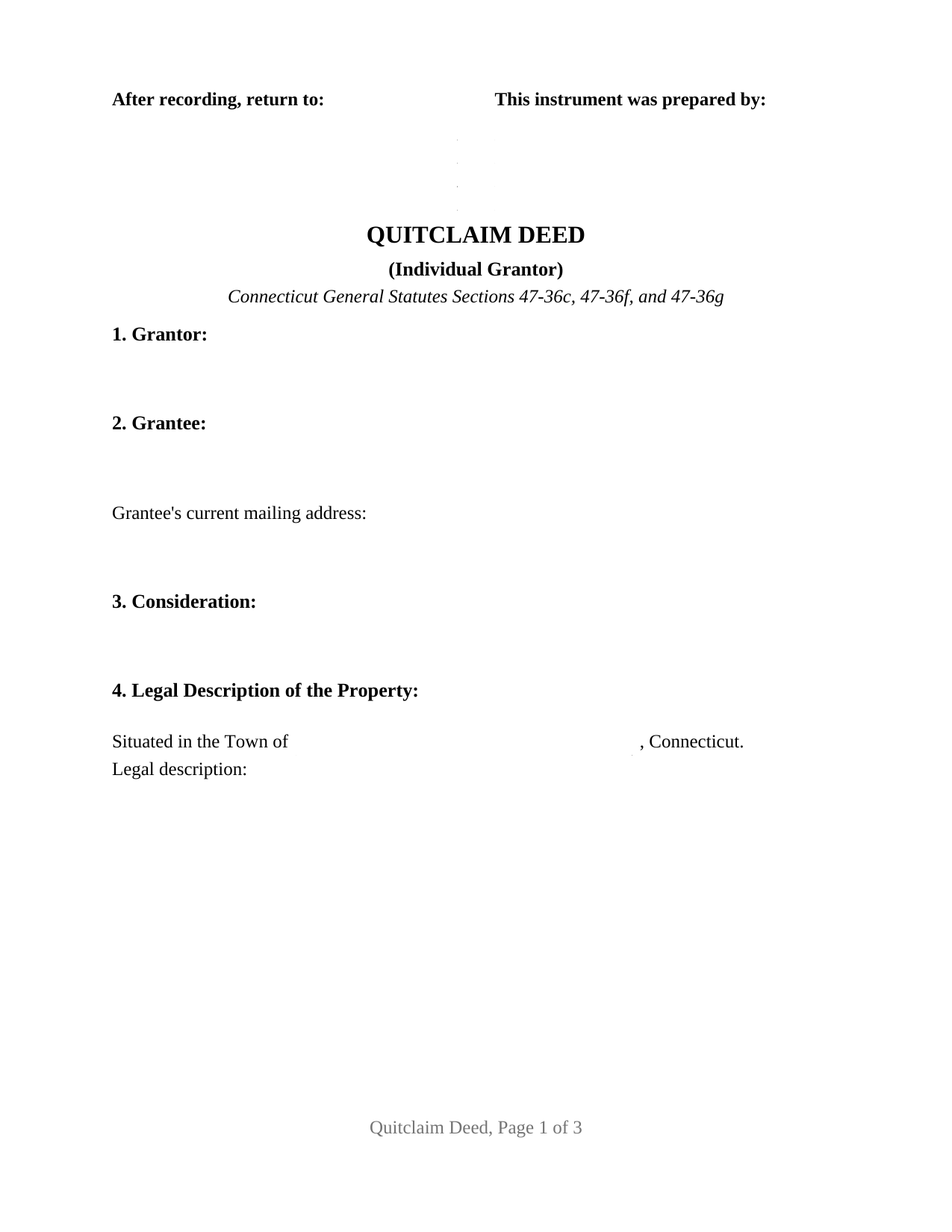 Tolland County Quitclaim Deed (Individual Grantor) Form