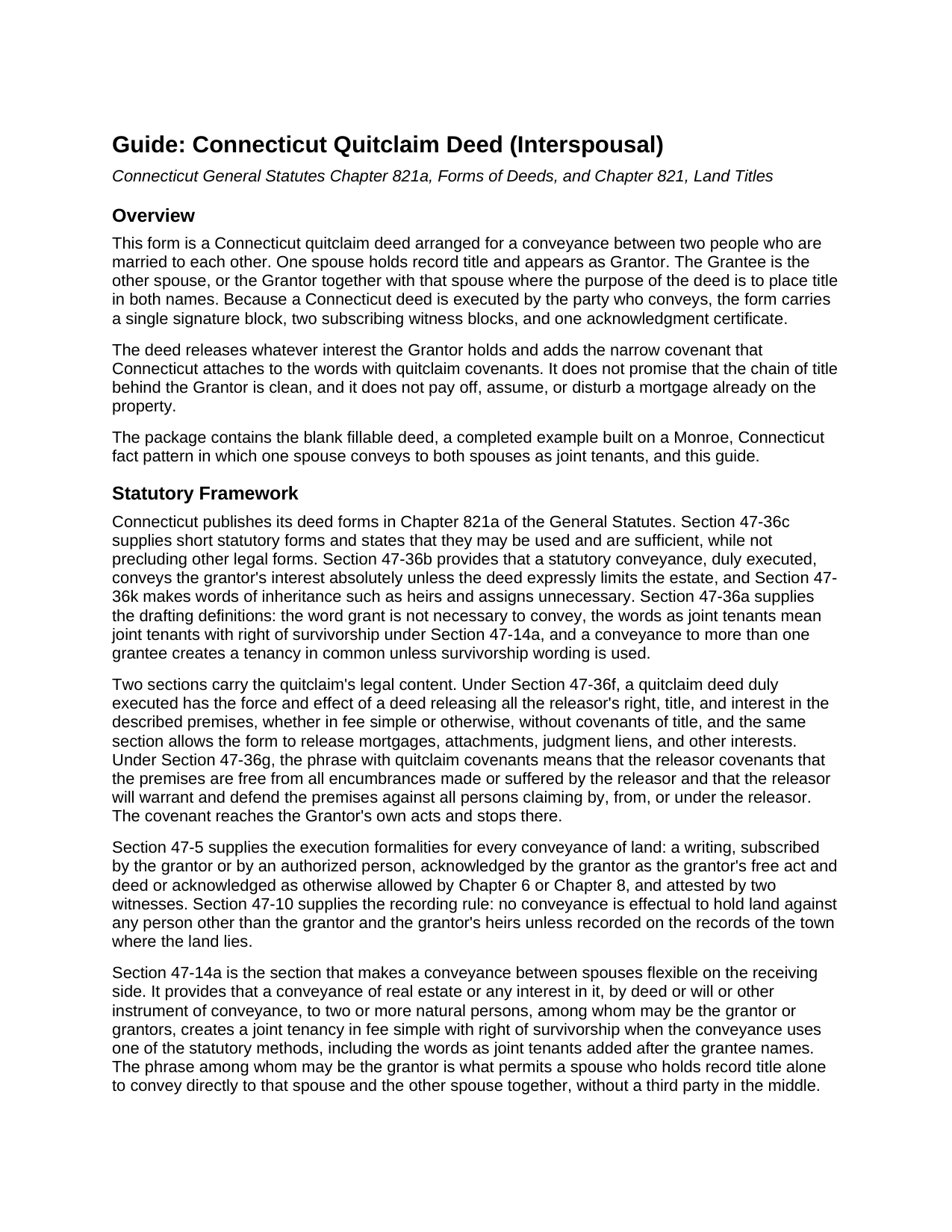 Tolland County Quitclaim Deed (Interspousal) Guide