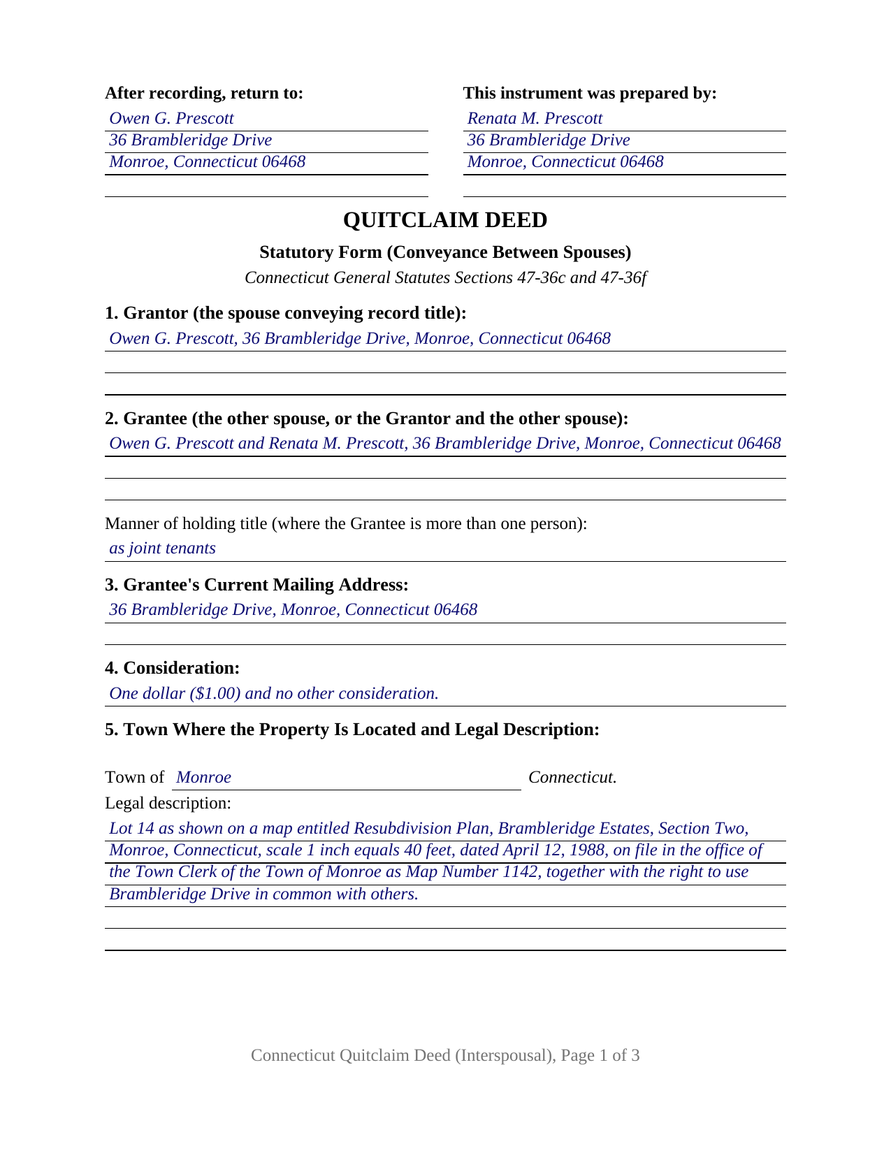 Tolland County Completed Example of the Quitclaim Deed (Interspousal) Document