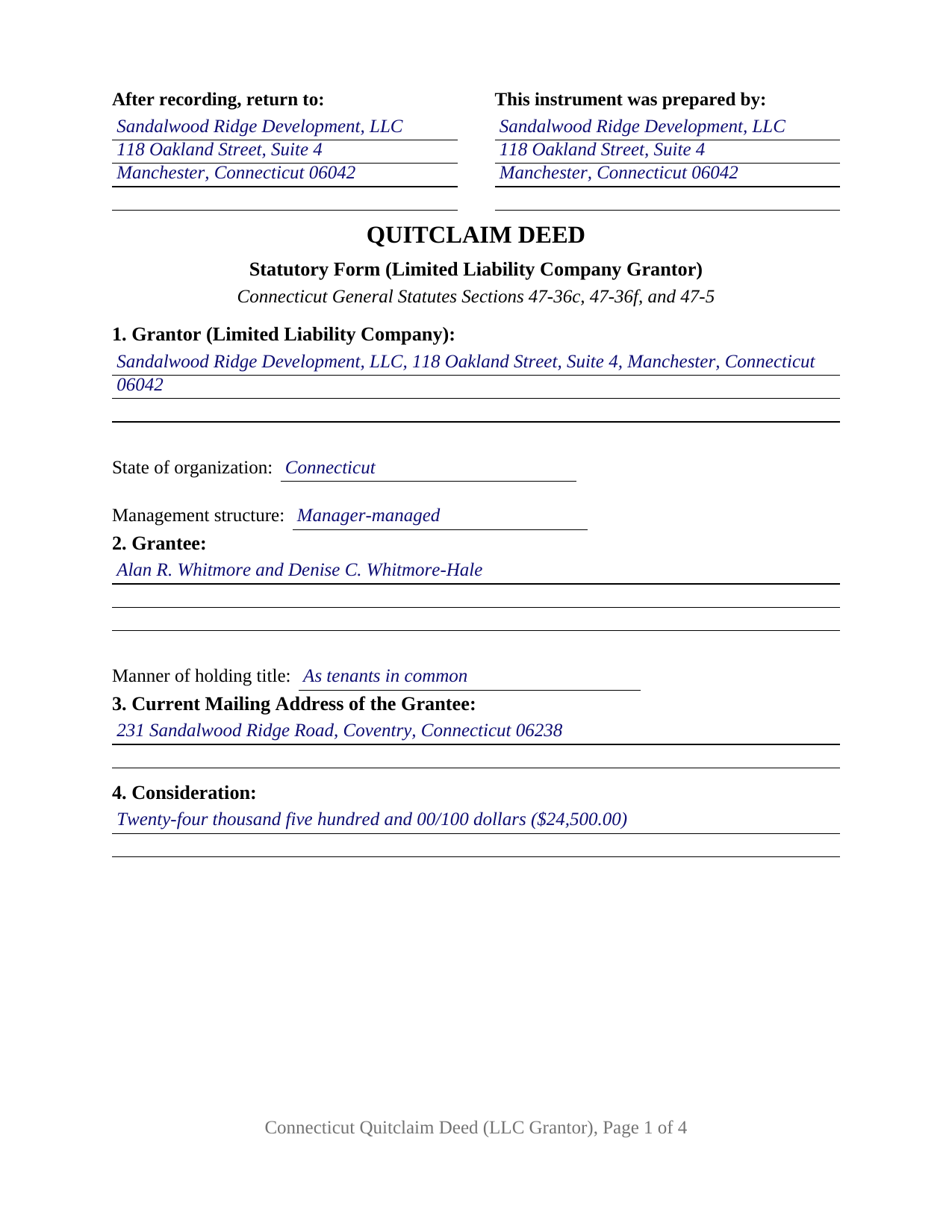 Fairfield County Completed Example of the Quitclaim Deed (LLC Grantor) Document