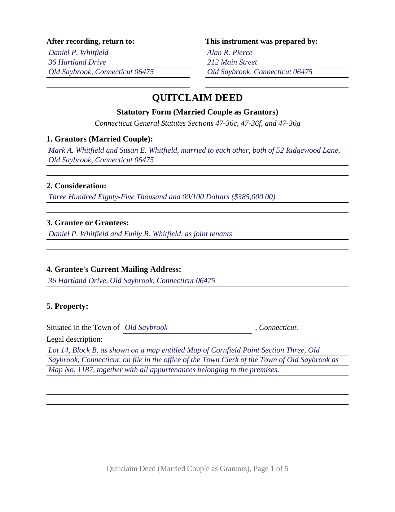 Tolland County Completed Example of the Quitclaim Deed (Married Couple as Grantors) Document