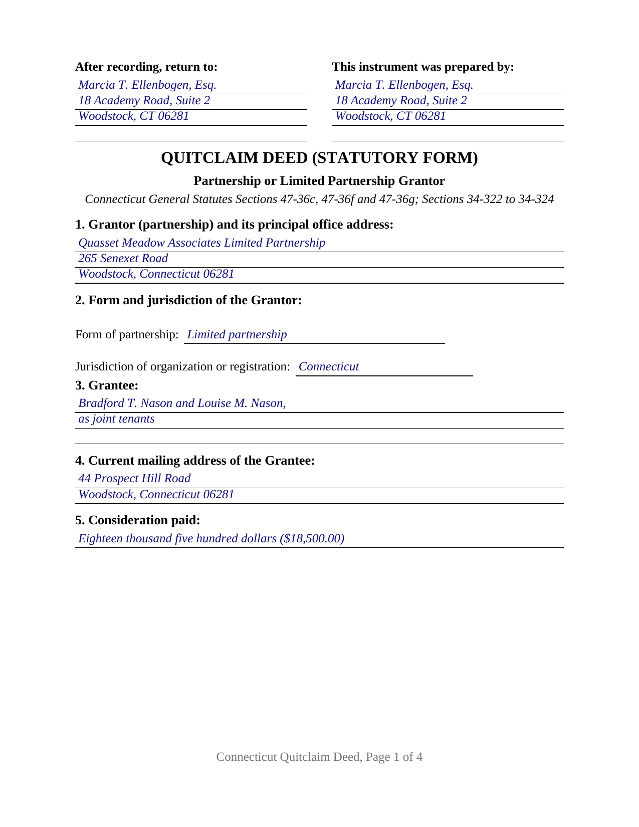 Windham County Completed Example of the Quitclaim Deed (Partnership or Limited Partnership Grantor) Document