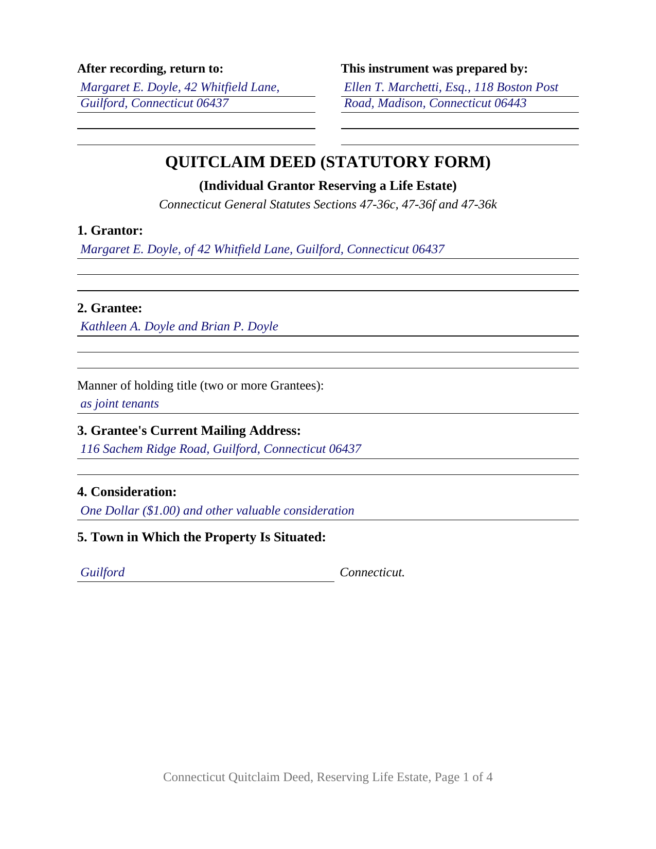 Tolland County Completed Example of the Quitclaim Deed (Reserving Life Estate) Document