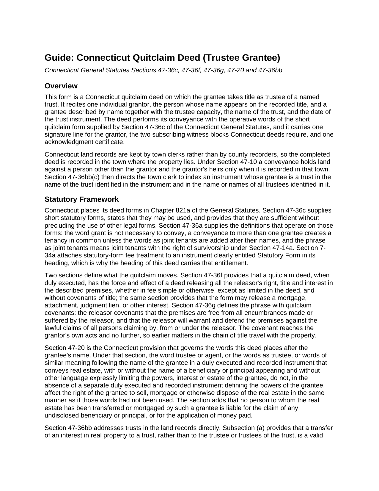 Windham County Quitclaim Deed (Trustee Grantee) Guide