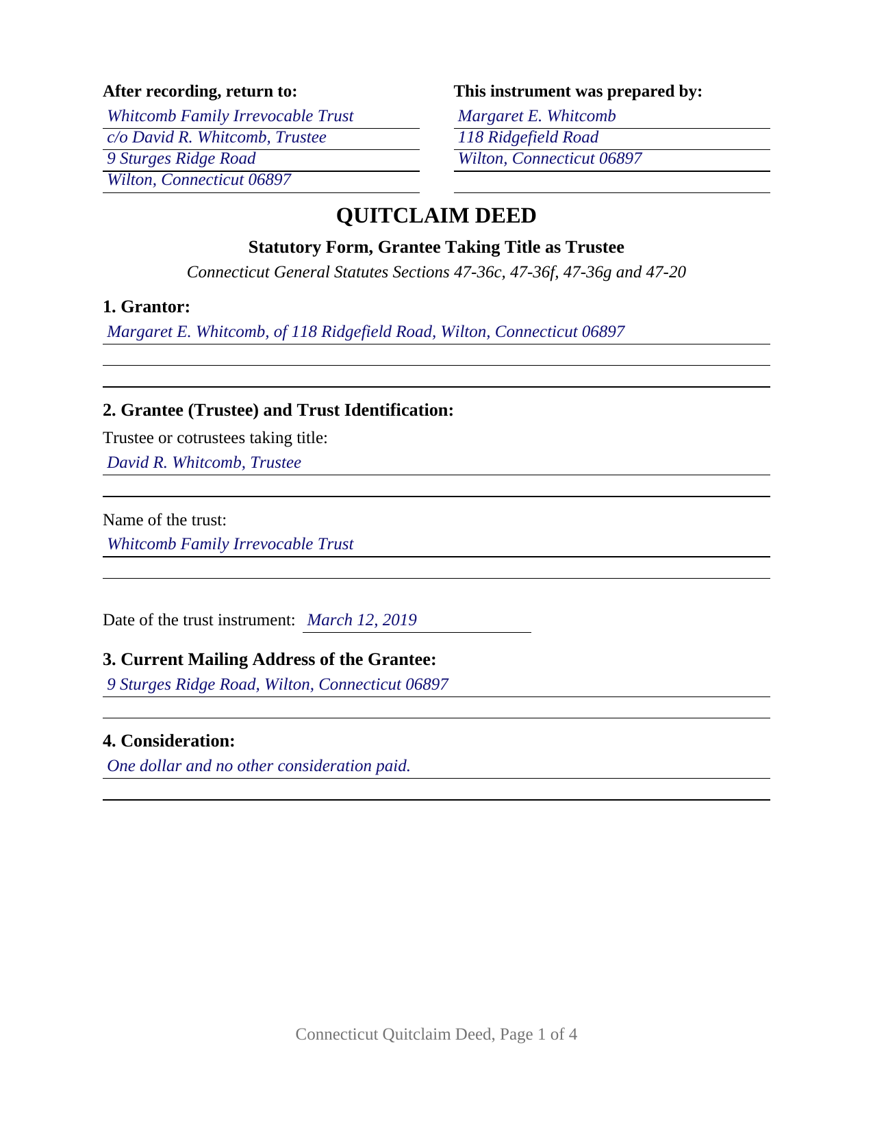 Windham County Completed Example of the Quitclaim Deed (Trustee Grantee) Document