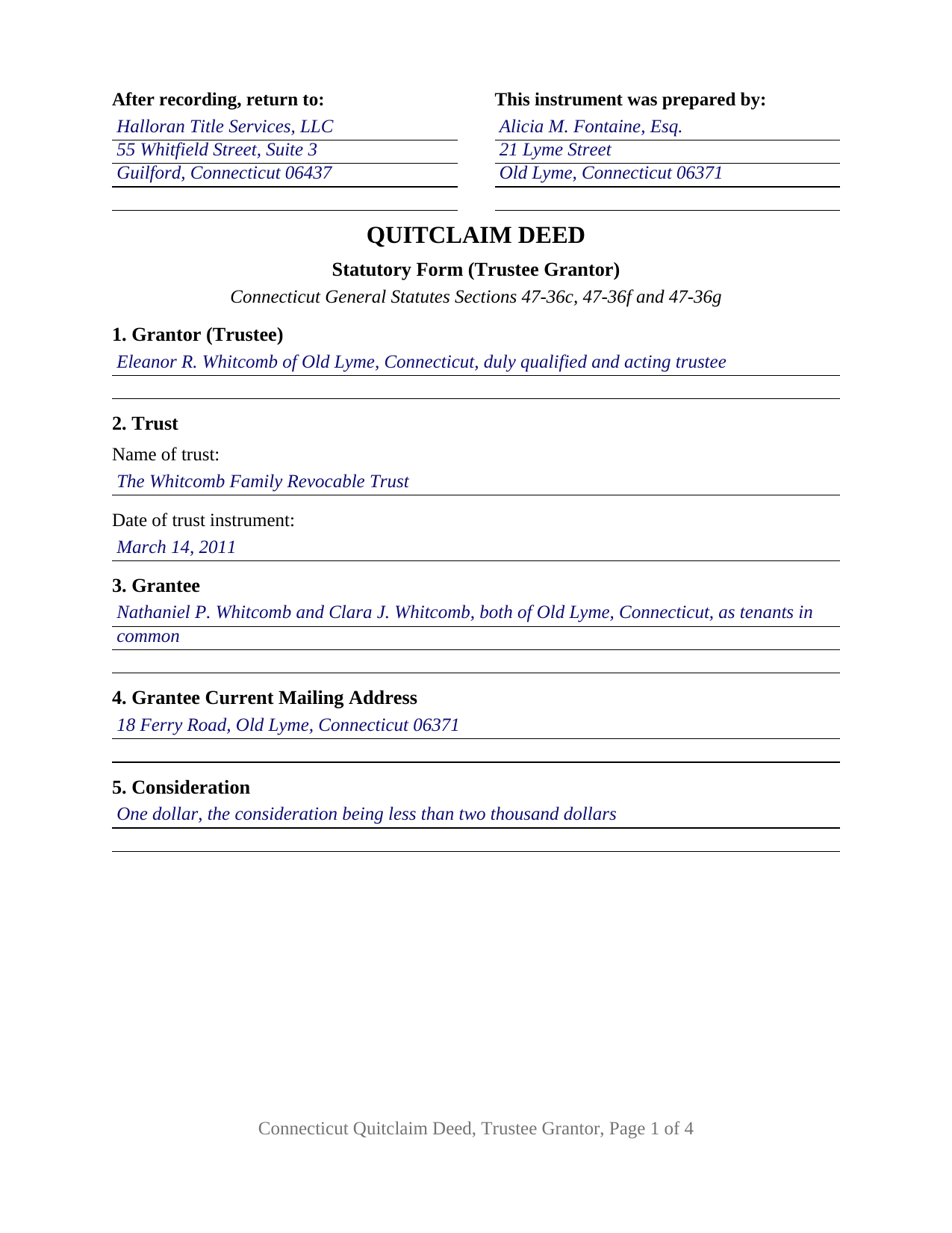 Windham County Completed Example of the Quitclaim Deed (Trustee Grantor) Document