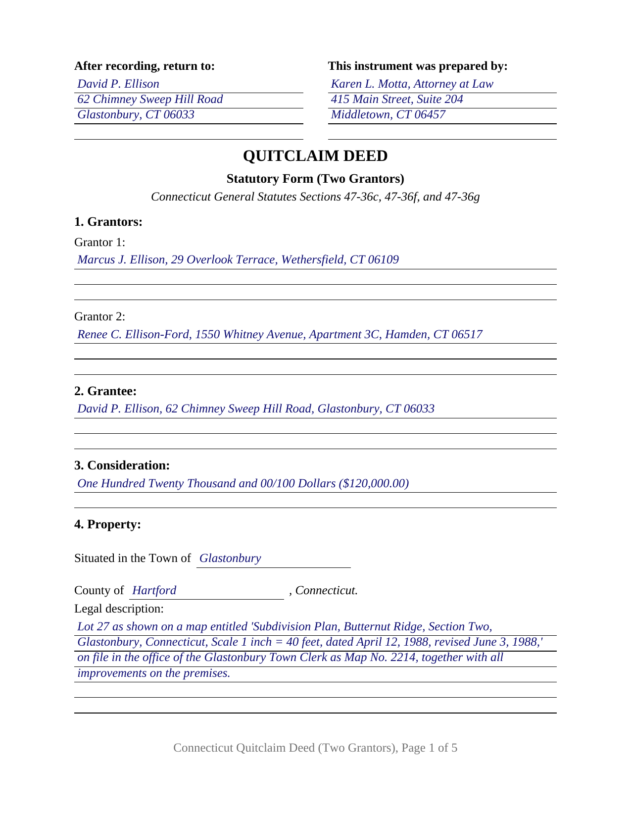 Litchfield County Completed Example of the Quitclaim Deed (Two Grantors) Document
