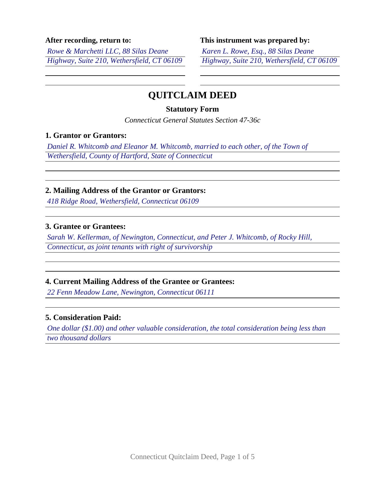 New London County Completed Example of the Quitclaim Deed Document