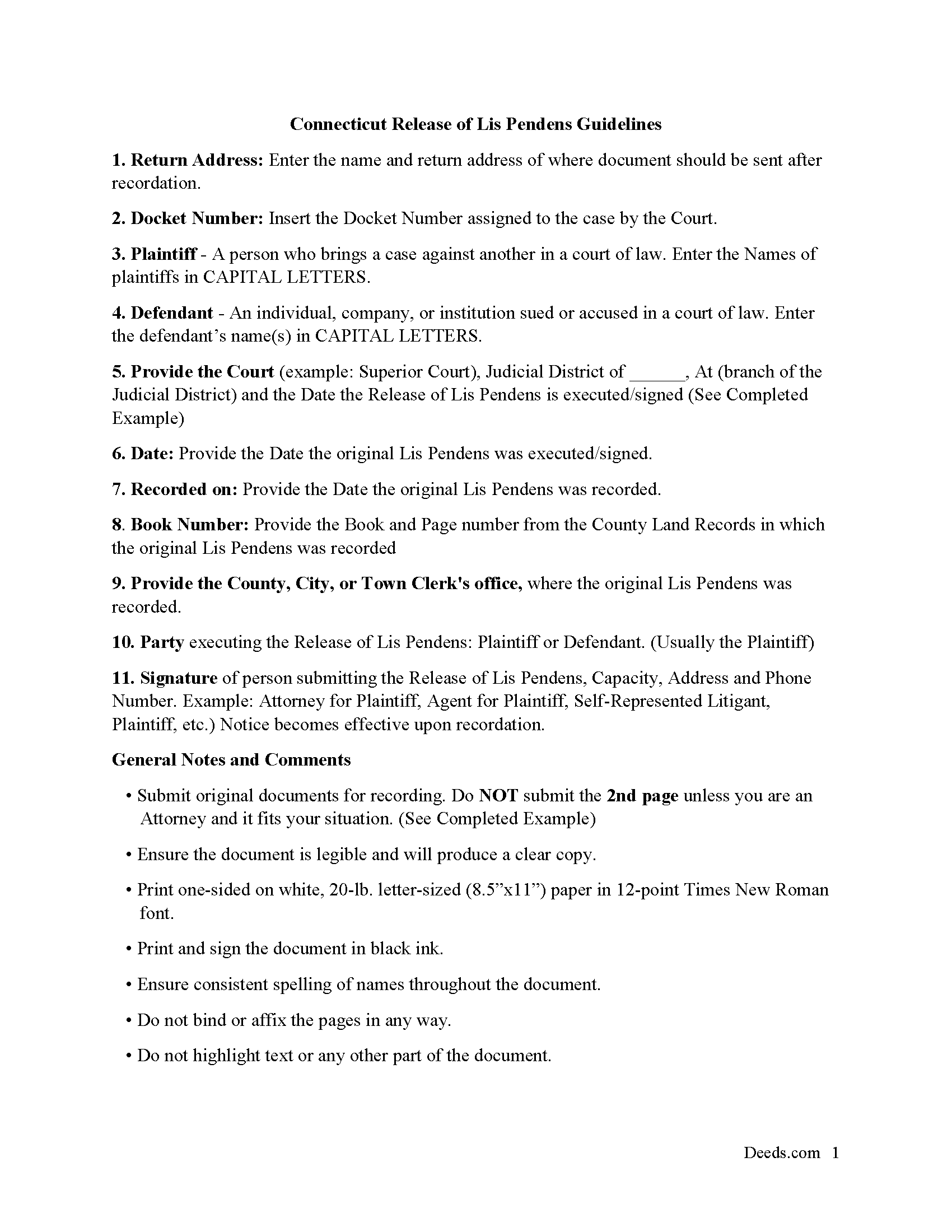 New London County Release of Lis Pendens Guidelines