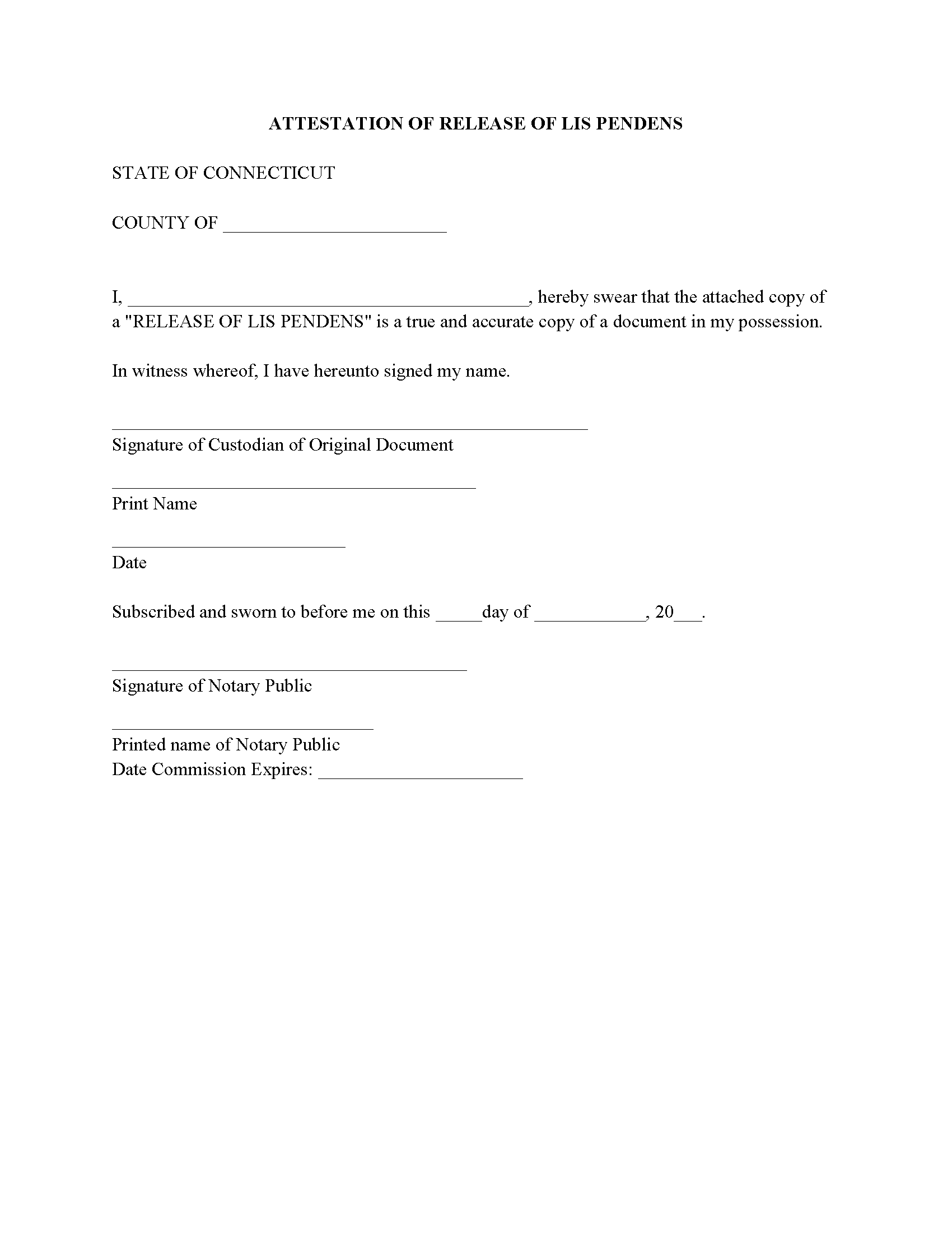 New London County Attestation of Release of Lis Pendens Form