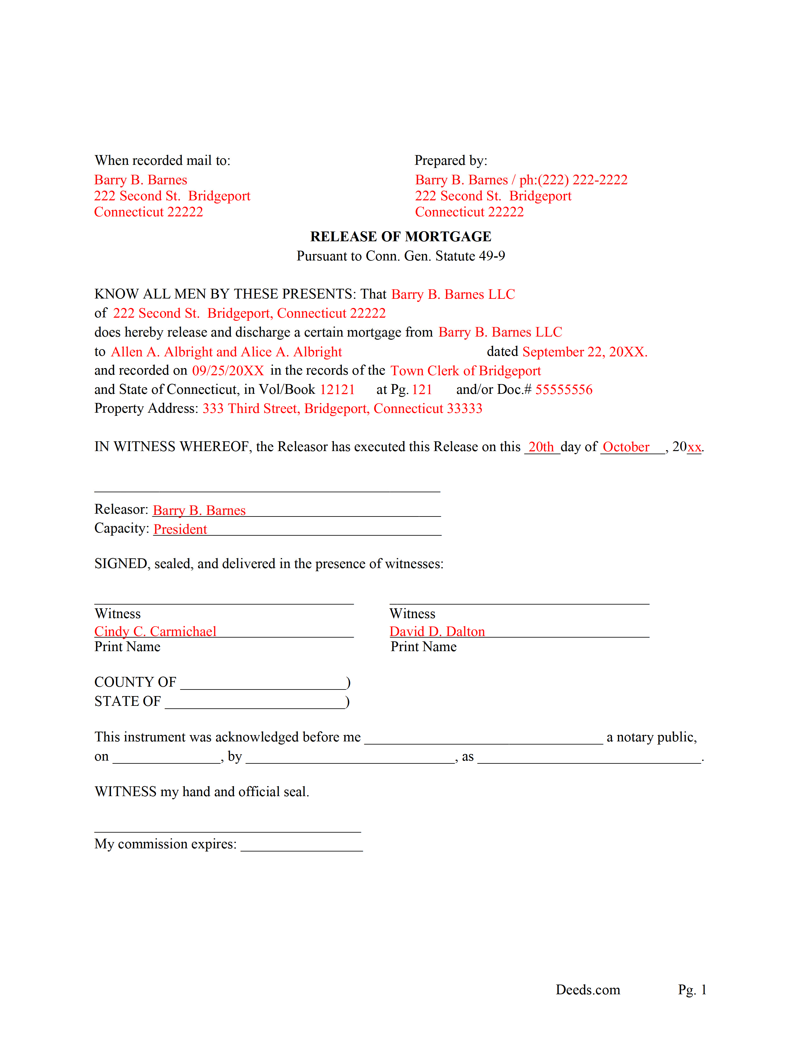 New London County Completed Example - Release of Mortgage