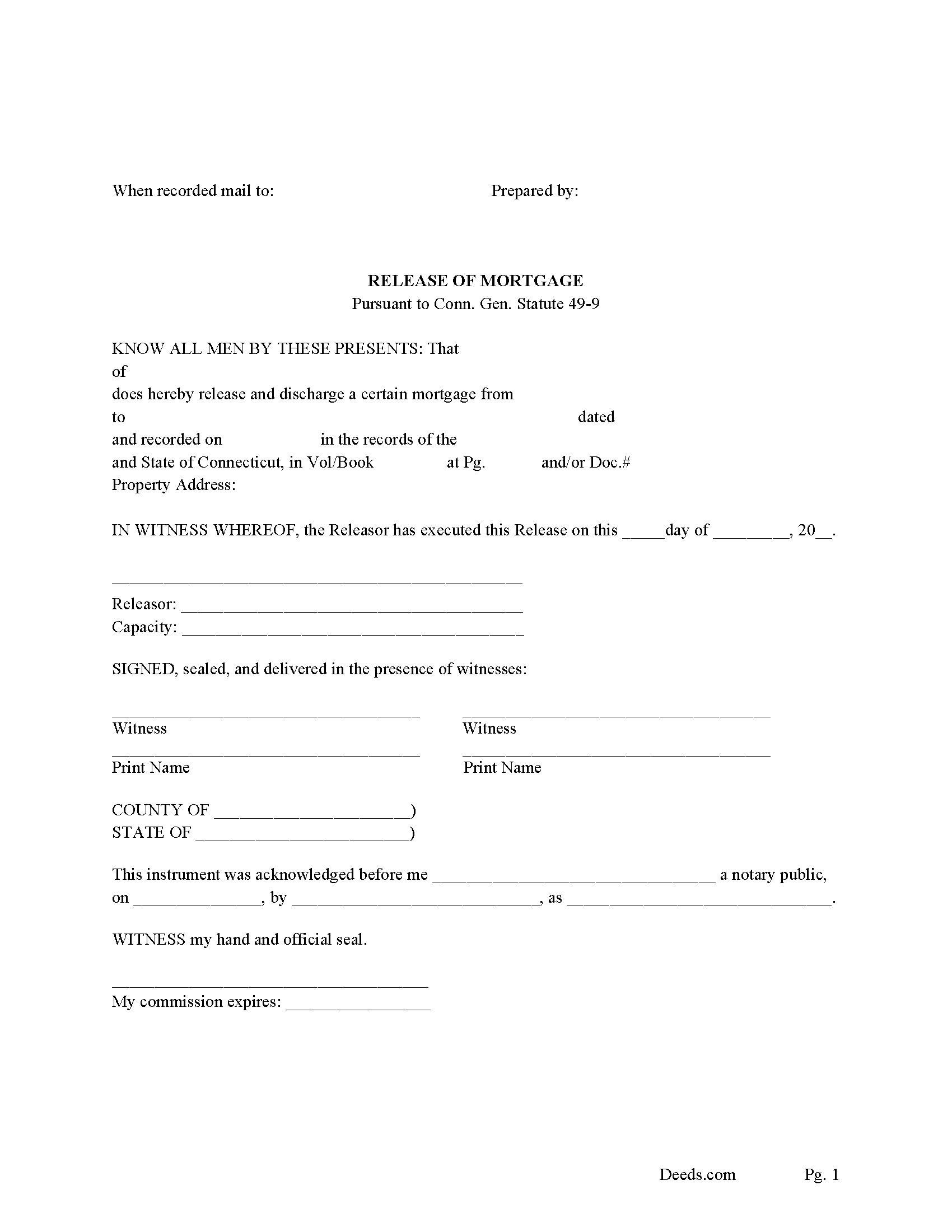 New London County Release of Mortgage Form