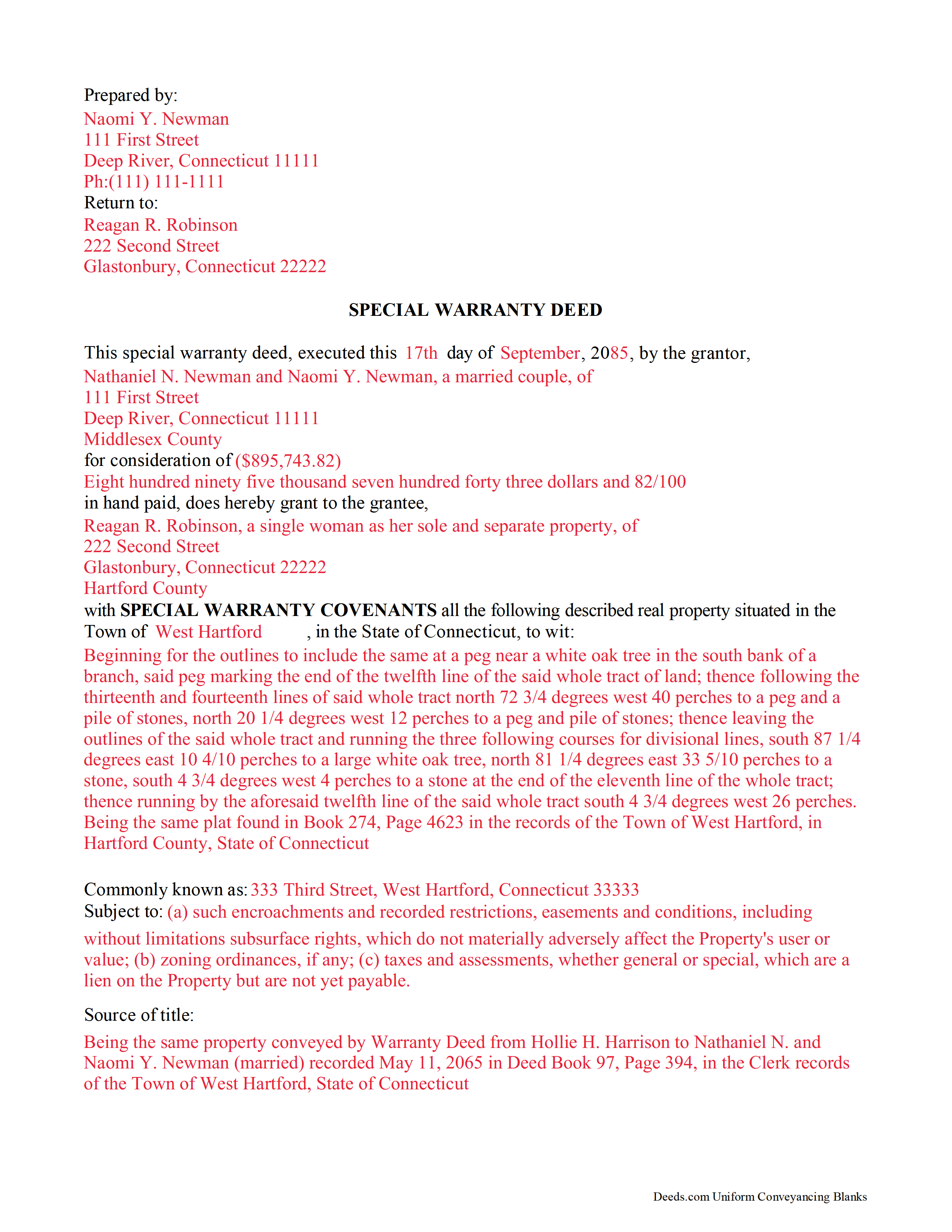 Fairfield County Completed Example of the Special Warranty Deed Document