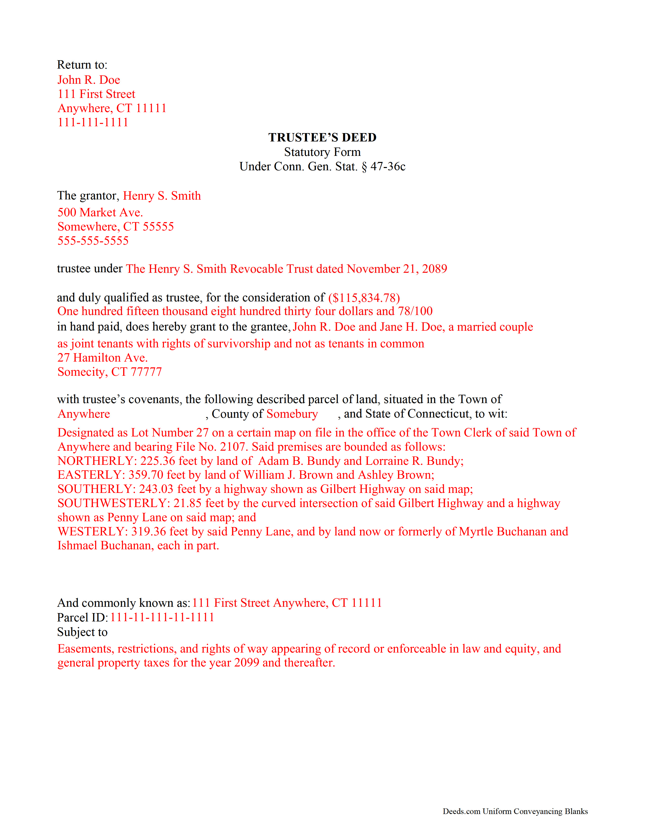 New London County Completed Example of the Trustee Deed Document