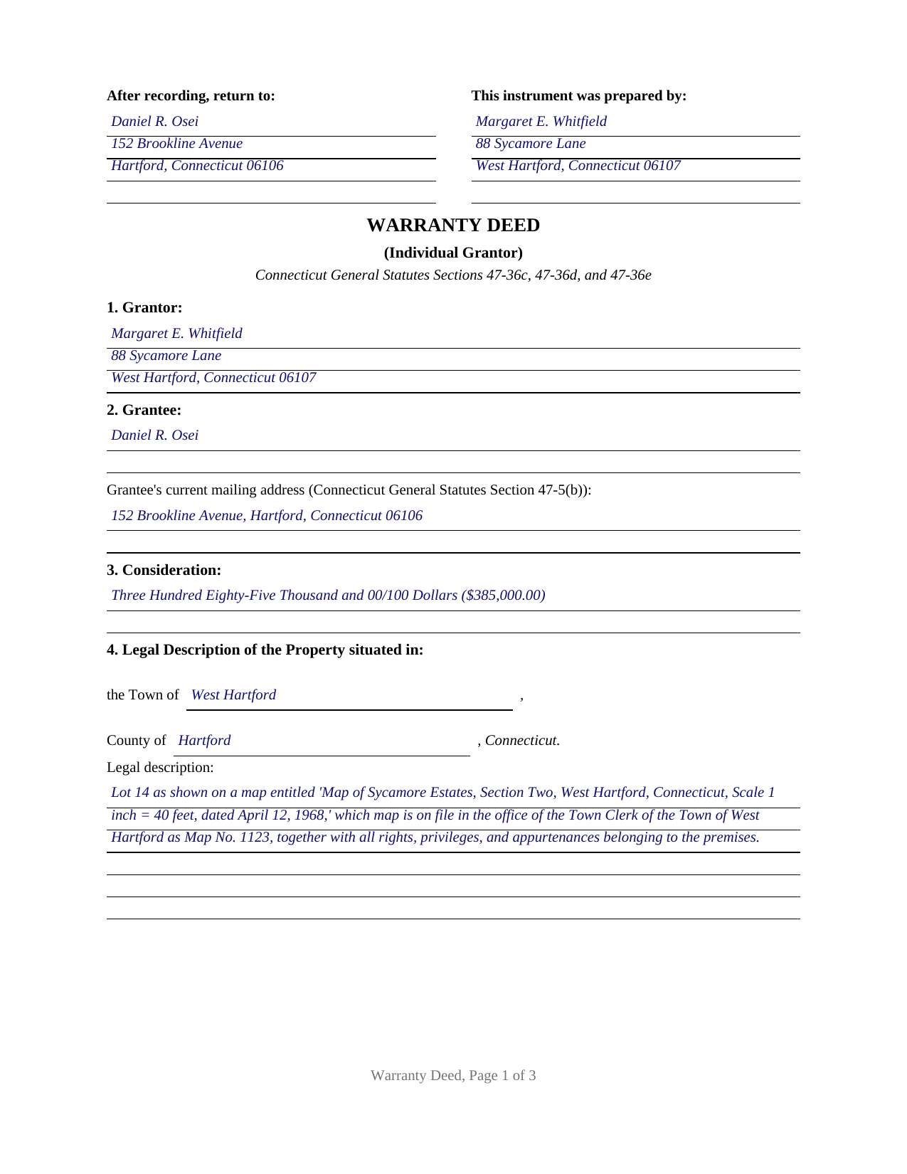 Tolland County Completed Example of the Warranty Deed (Individual Grantor) Document