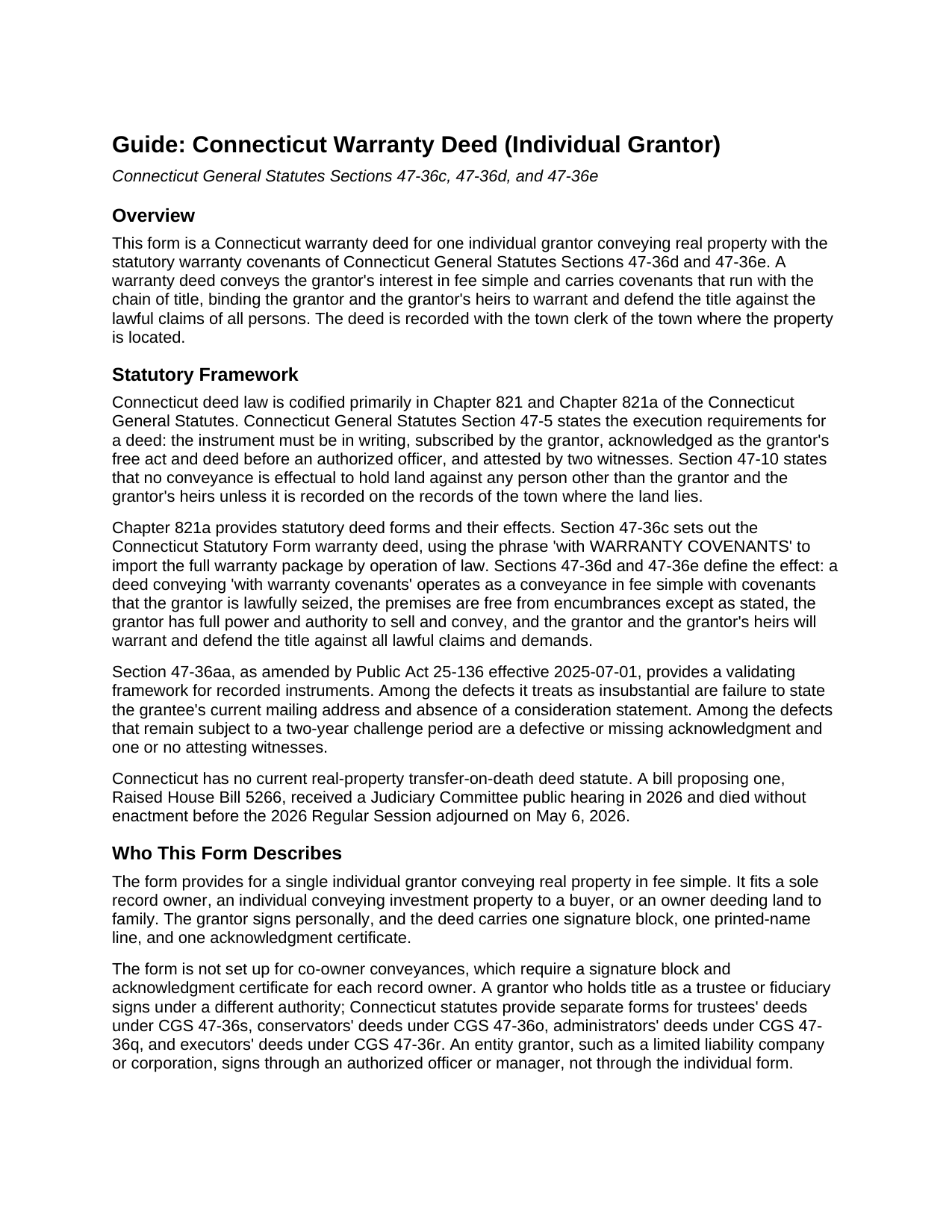 Tolland County Warranty Deed (Individual Grantor) Guide