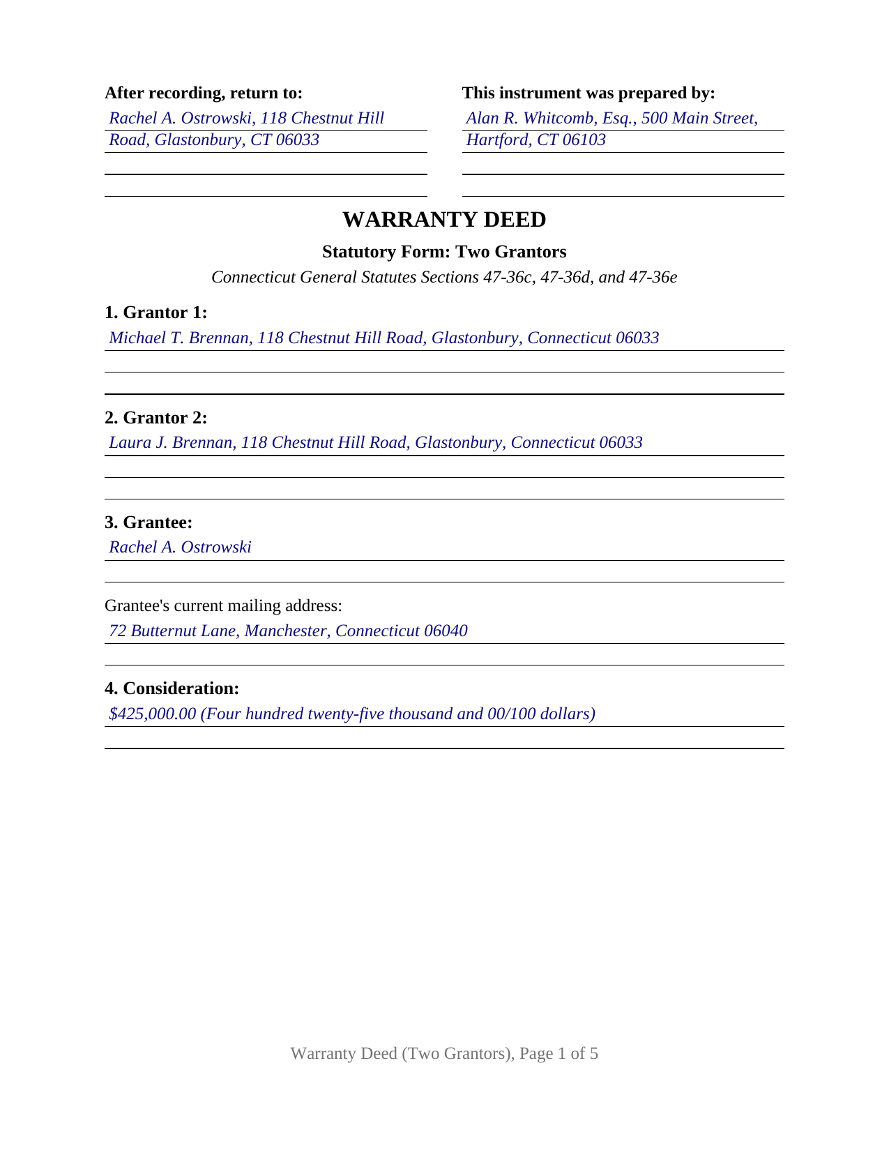New Haven County Completed Example of the Warranty Deed (Two Grantors) Document