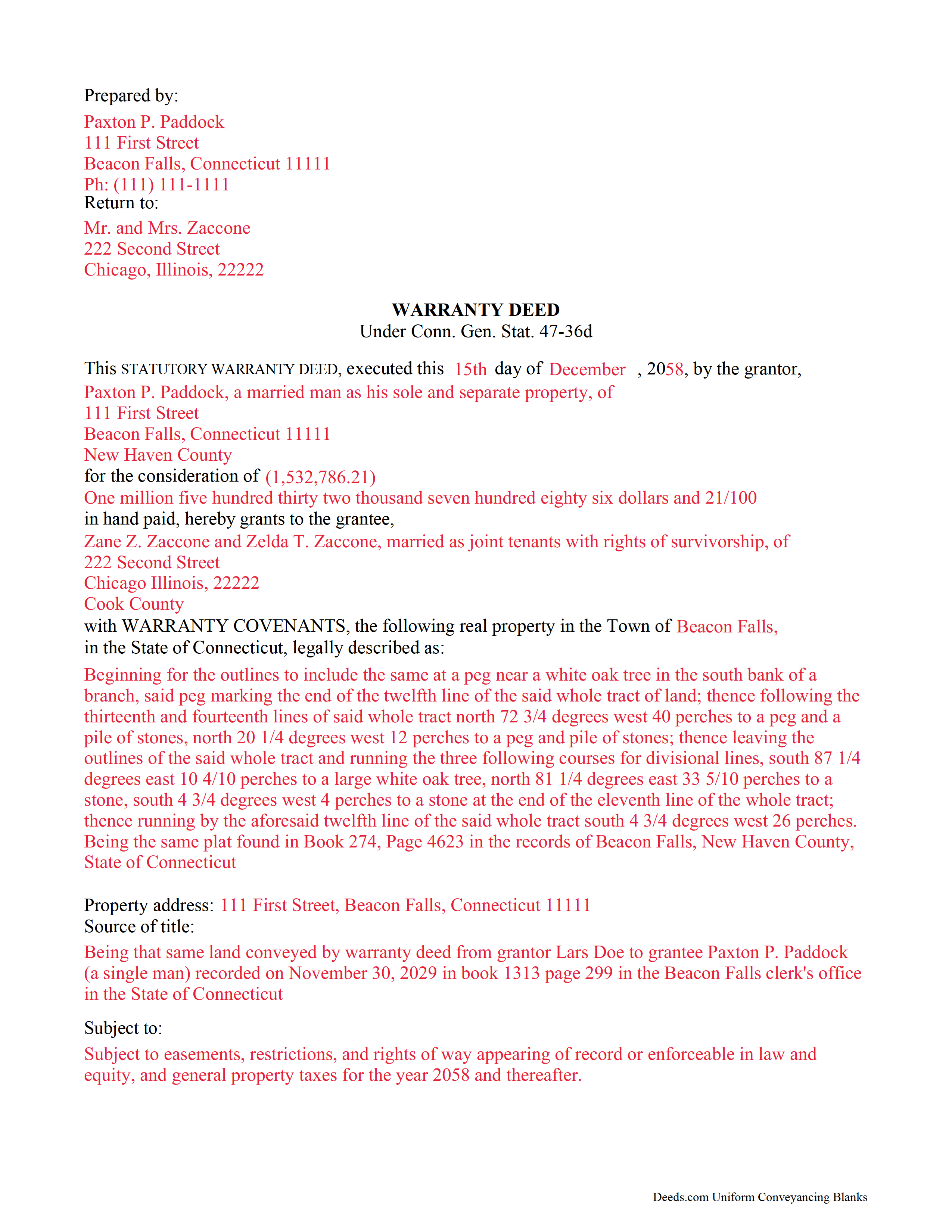New London County Completed Example of the Warranty Deed Document