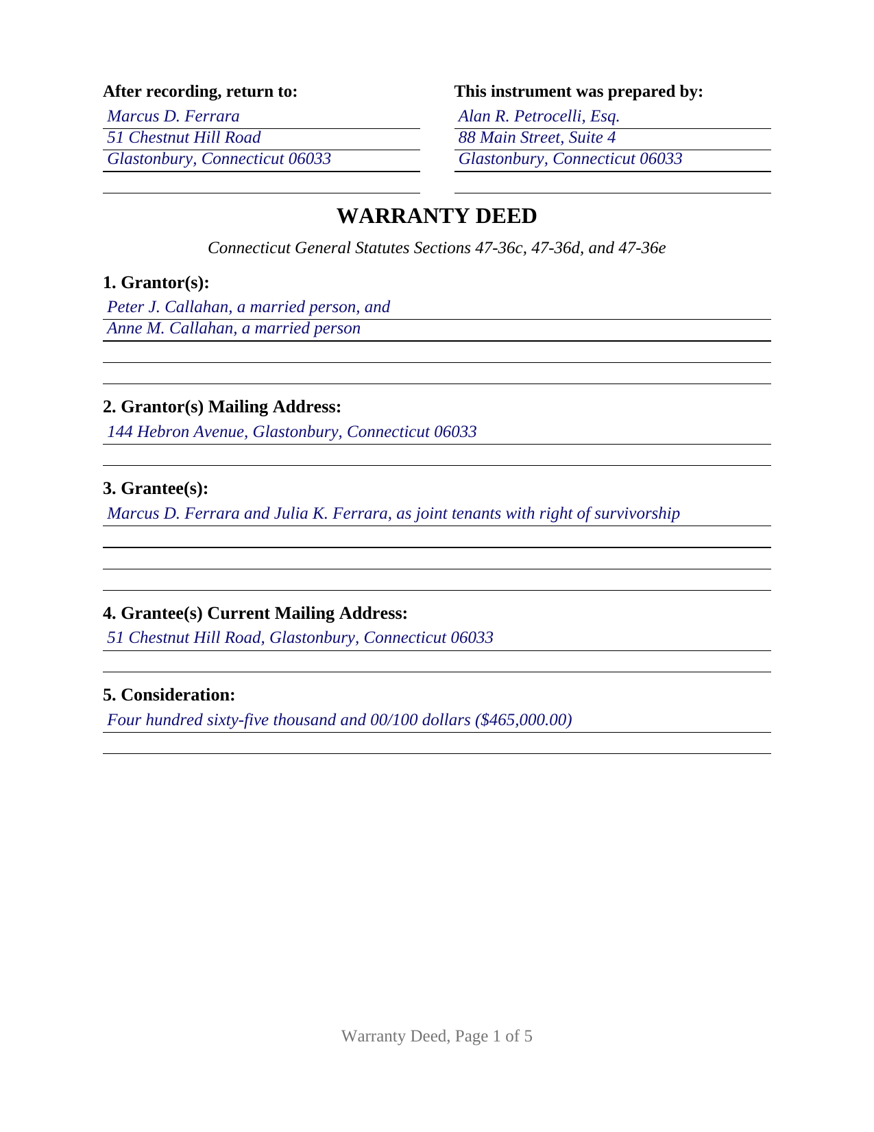 New Haven County Completed Example of the Warranty Deed Document