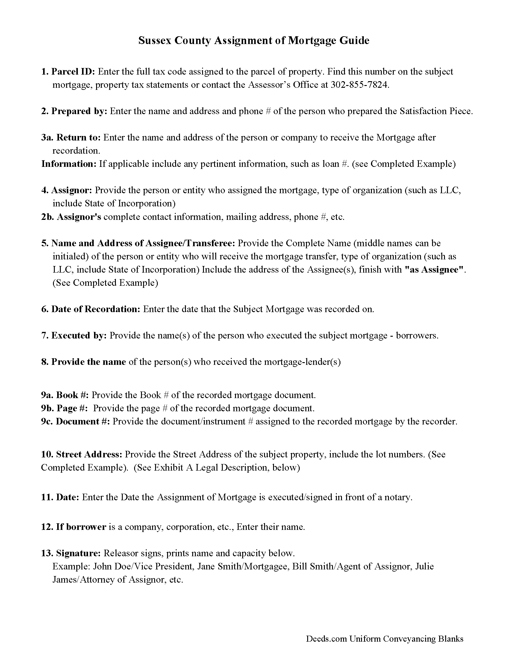 Sussex County Assignment of Mortgage Guidelines