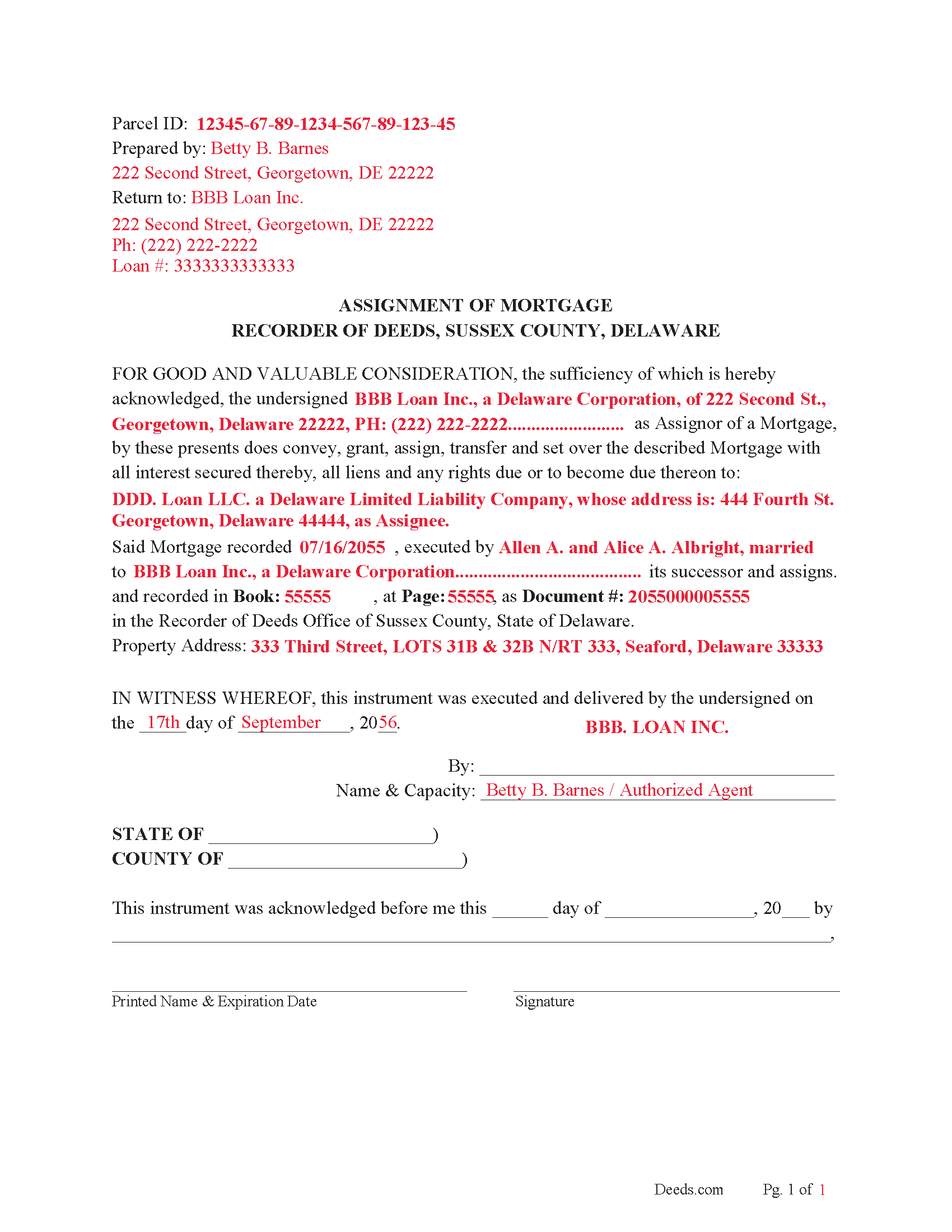 Sussex County Completed Example of the Assignment of Mortgage Document