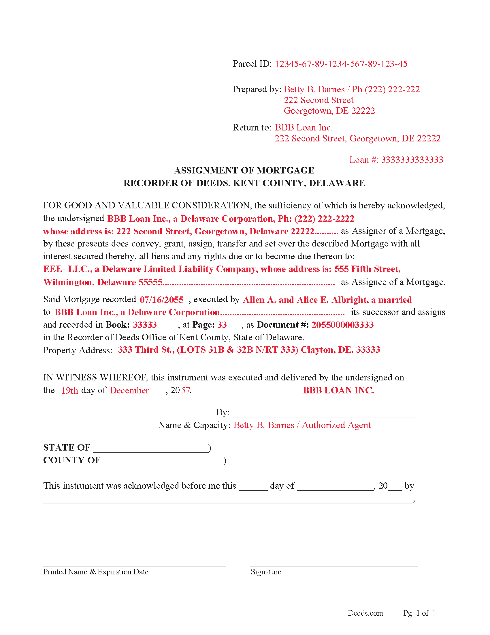 Completed Example of the Assignment of Mortgage Document