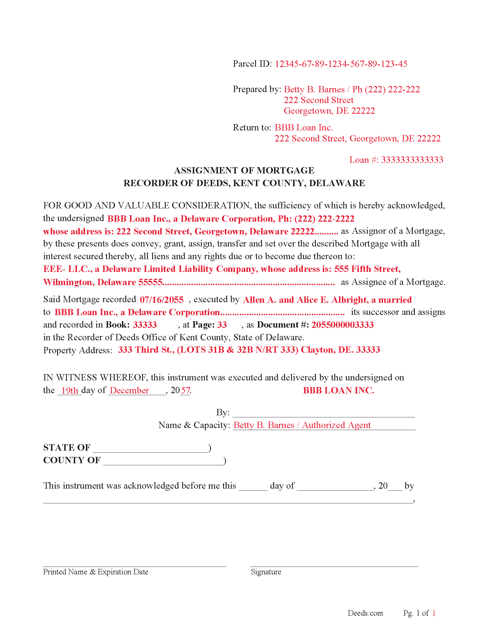 Kent County Completed Example of the Assignment of Mortgage Document