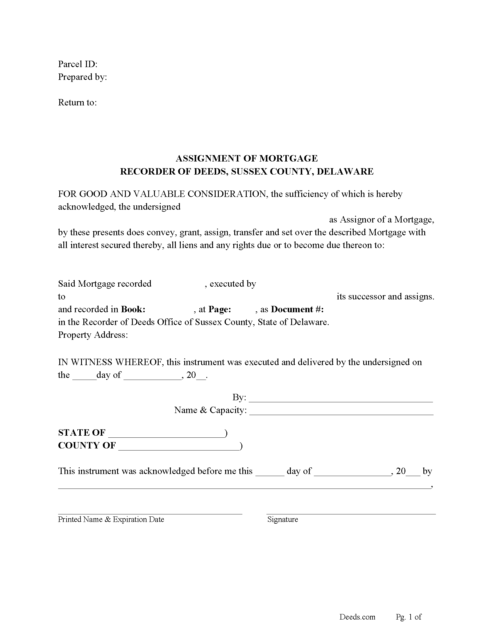 Sussex County Assignment of Mortgage Form