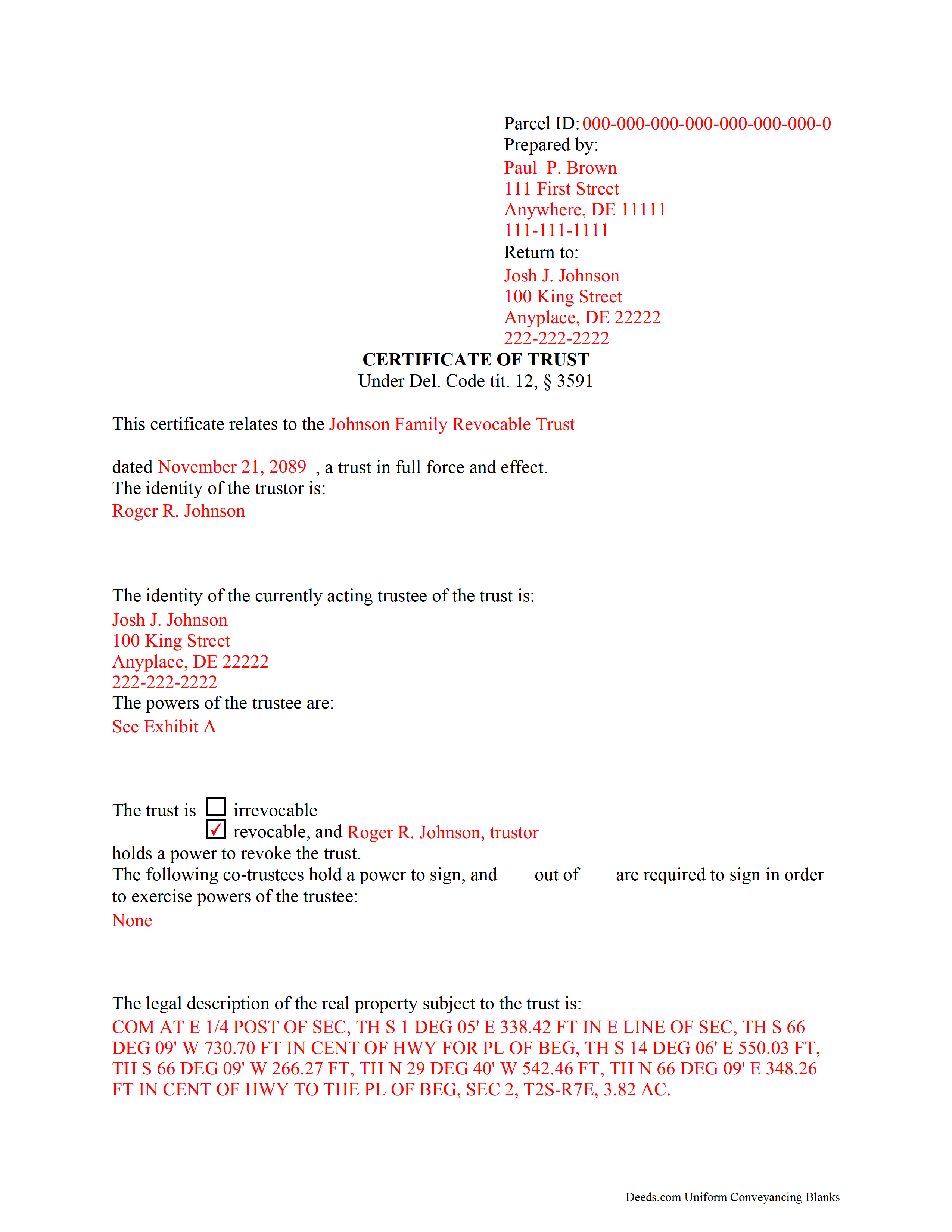 New Castle County Completed Example of the Certificate of Trust Document