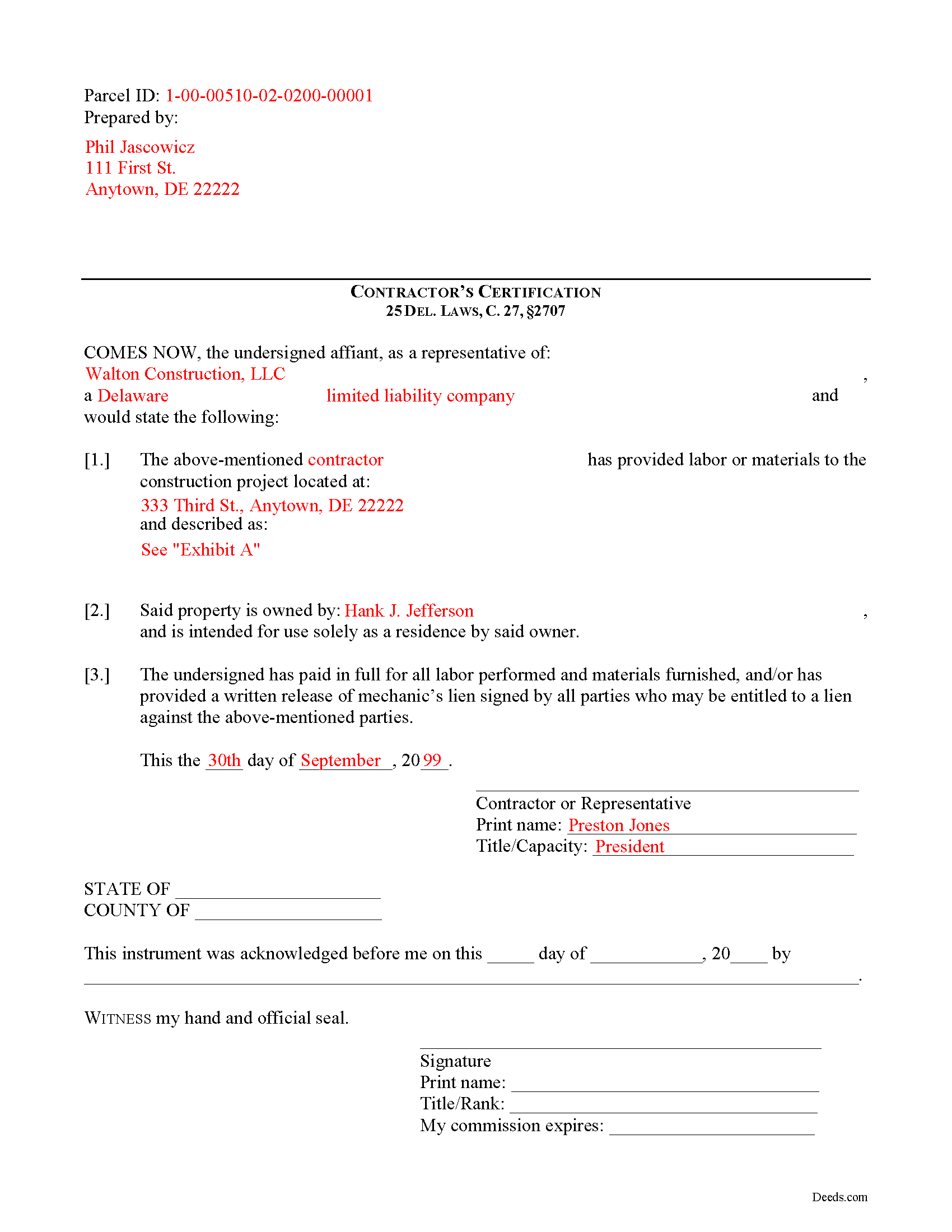 Kent County Completed Example of the Contractor Certification of Payment Document