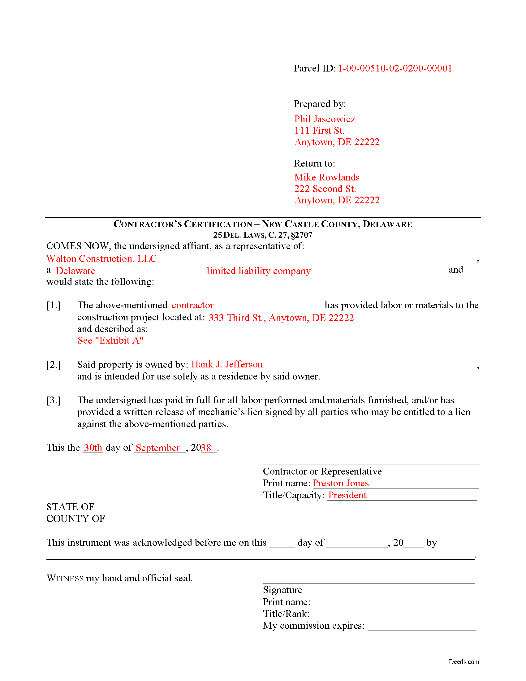 New Castle County Completed Example of the Contractor Certification of Payment Document