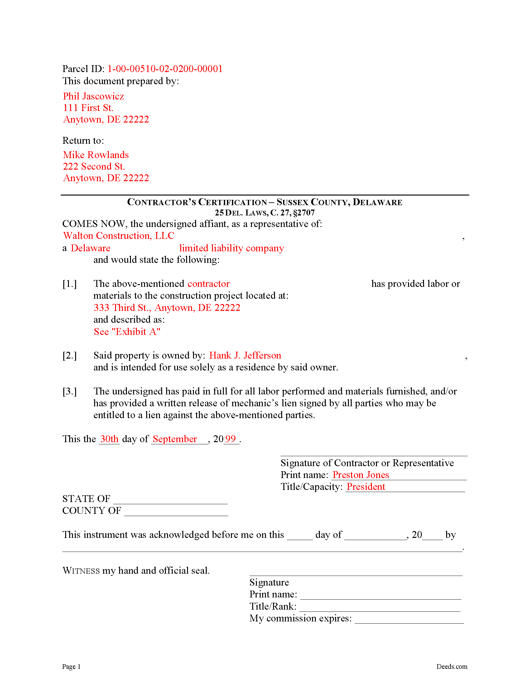 Sussex County Completed Example of the Contractor Certification of Payment Document