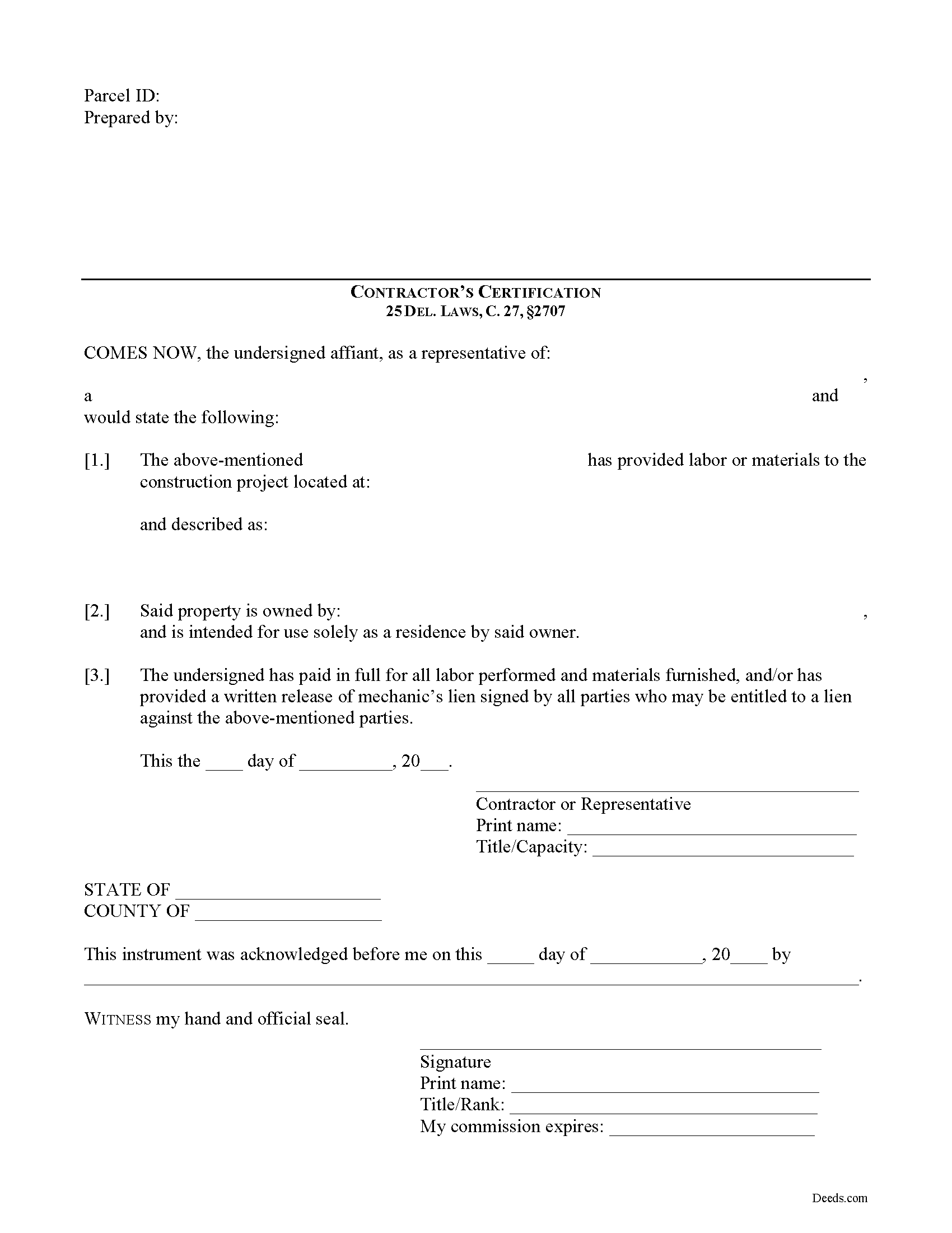 Kent County Contractor Certification of Payment Form
