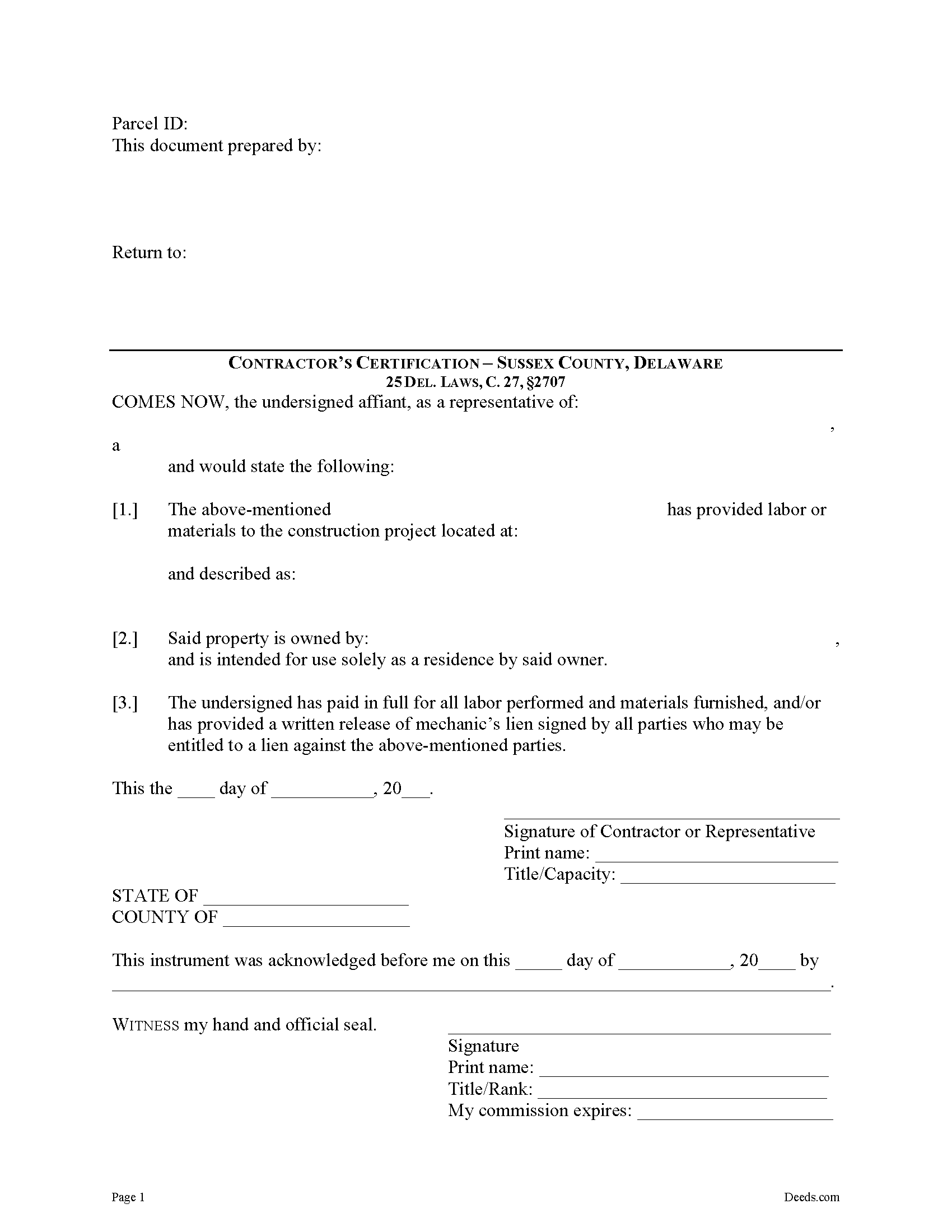Sussex County Contractor Certification of Payment Form