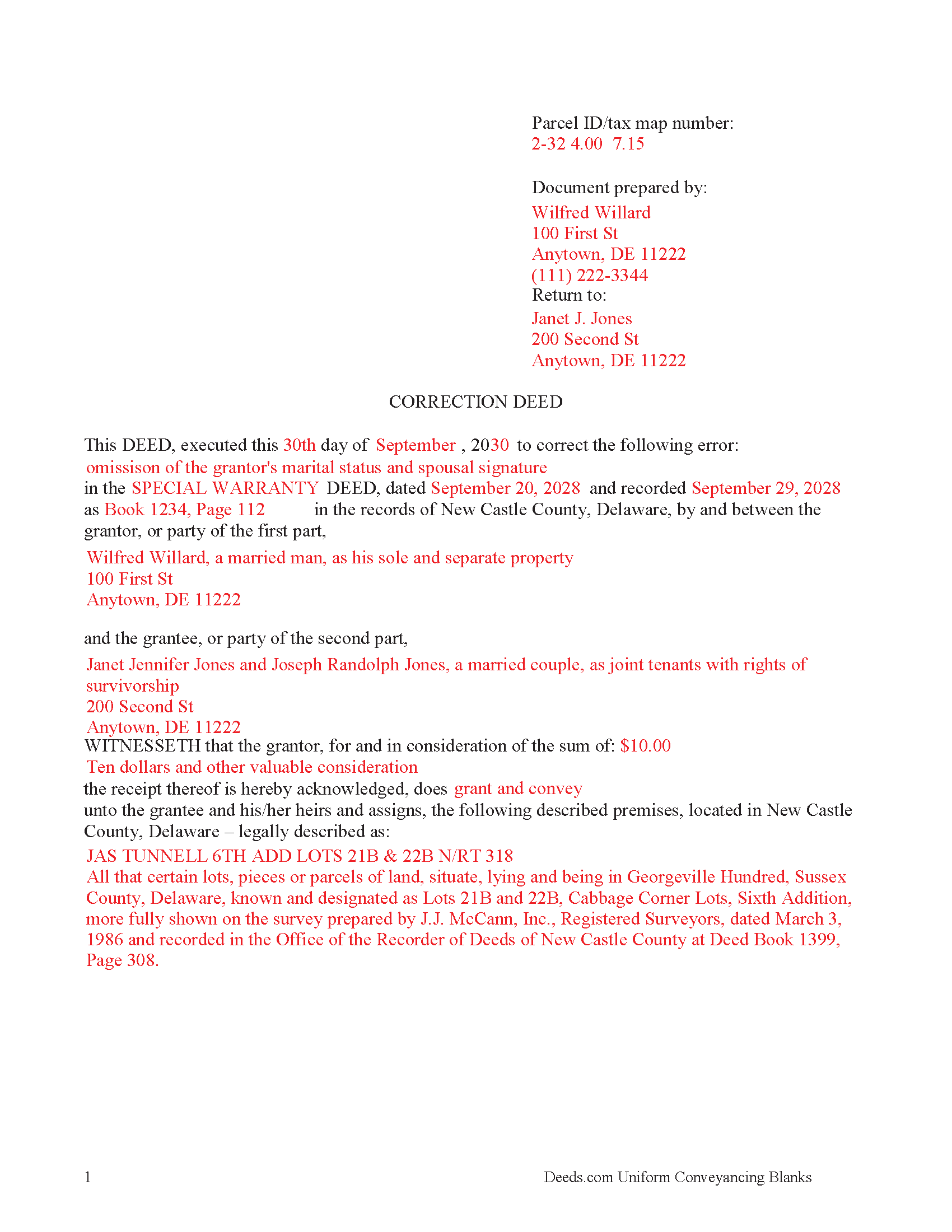 New Castle County Completed Example of the Correction Deed Document