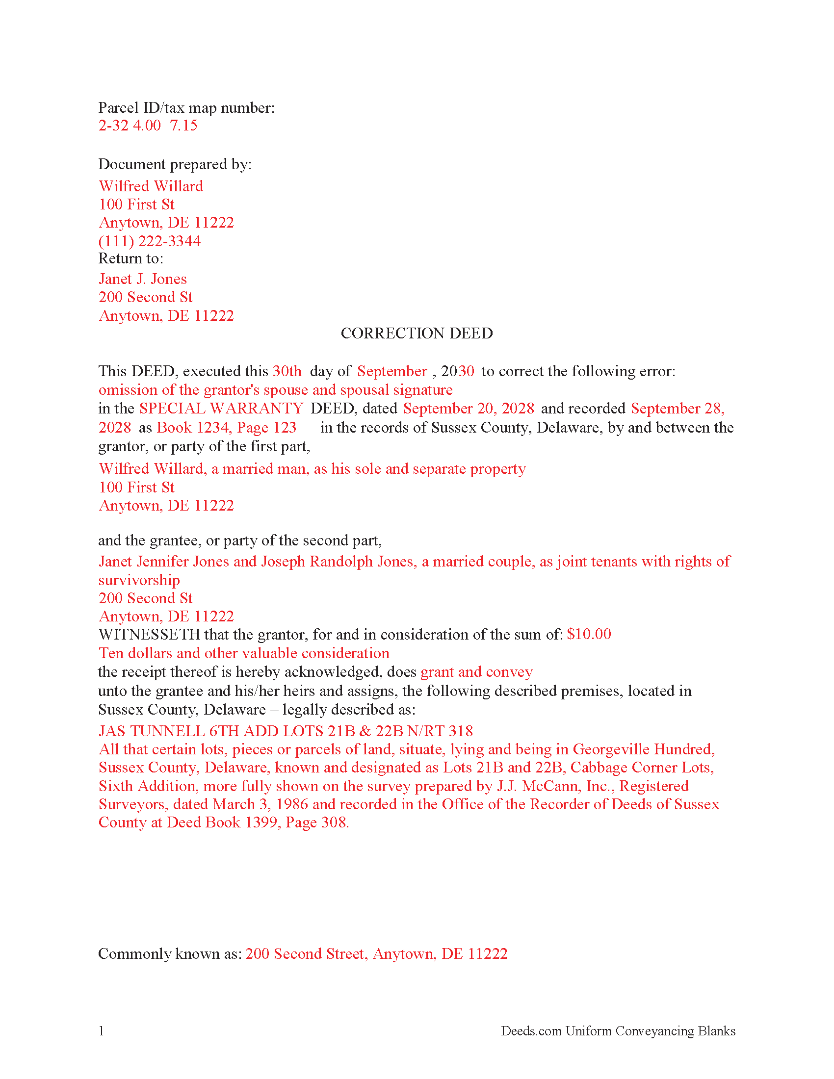 Sussex County Completed Example of the Correction Deed Document